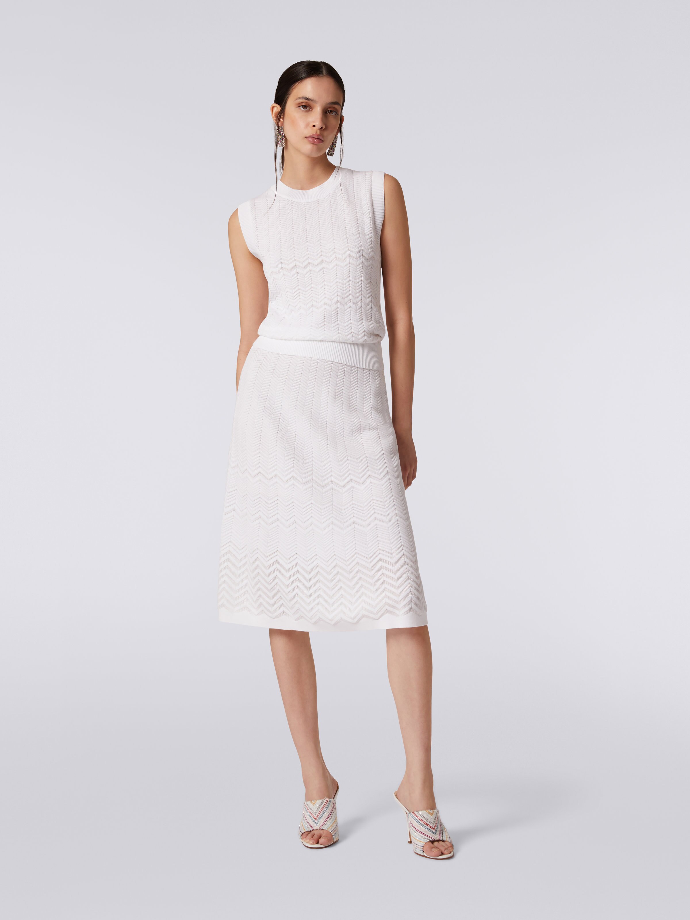 Falda longuette de lana con zigzag tono sobre tono, Blanco  - 1
