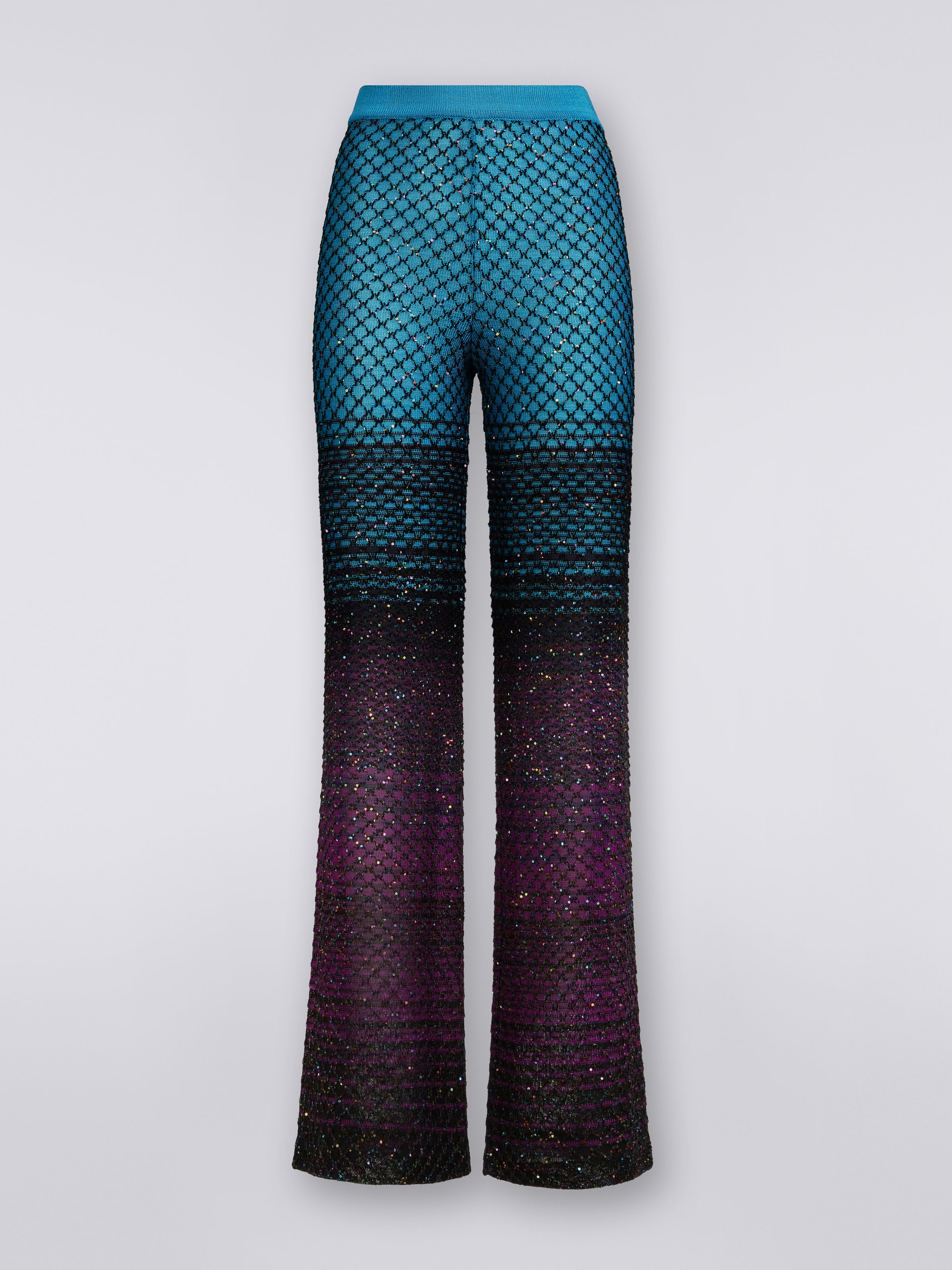 Flared knit trousers with sequins, Turquoise, Purple & Black - 0