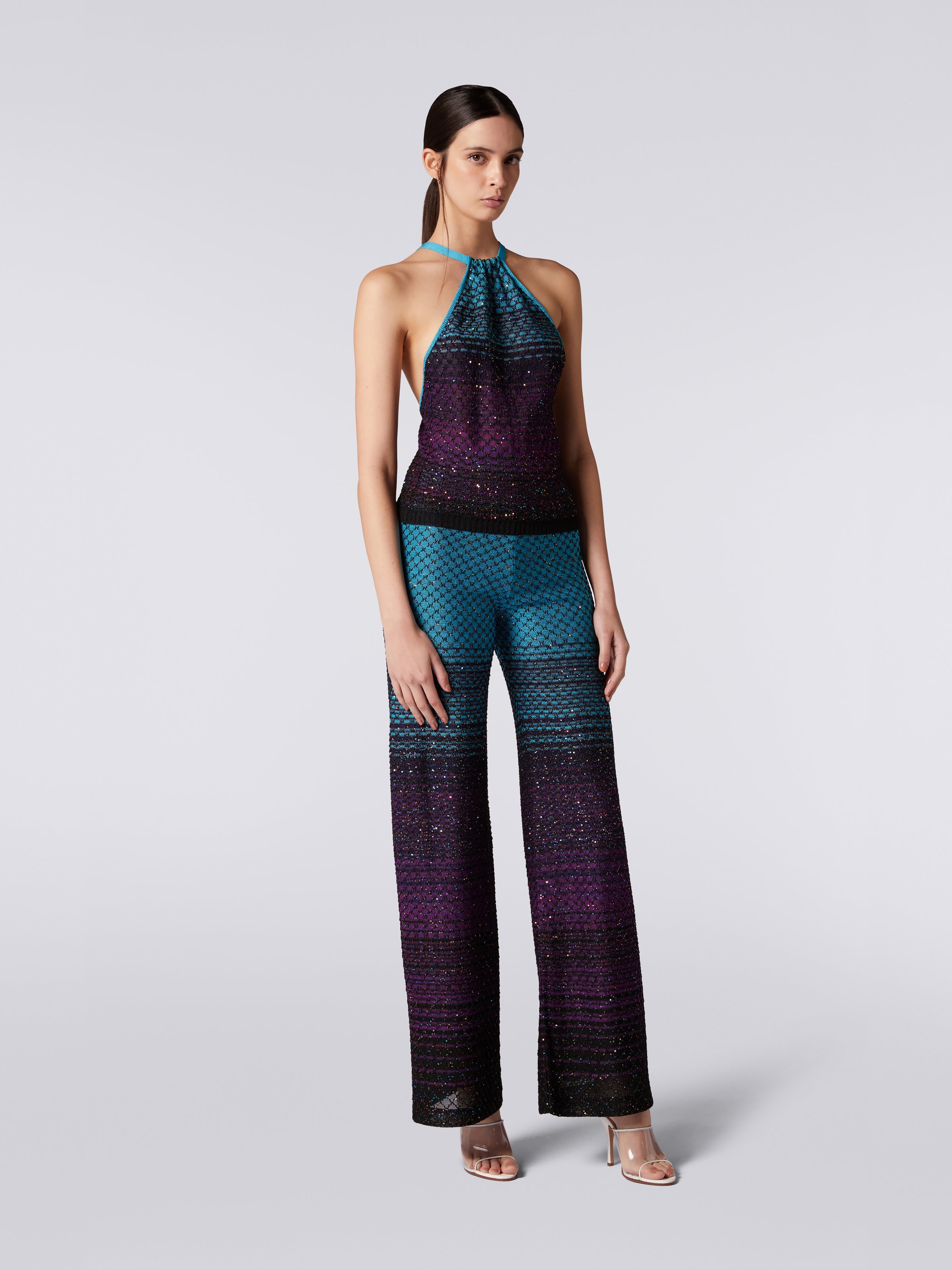 Pantalon évasé en maille pailletée, Turquoise, Violet & Noir - 1