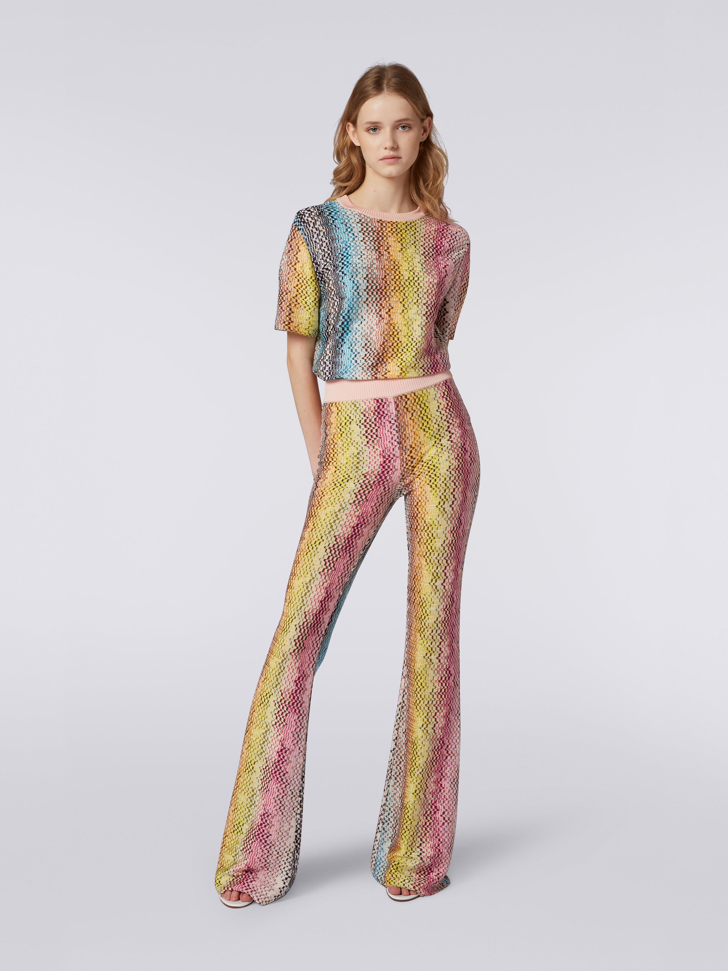 Viscose flared trousers with multicoloured Greek fret print, Multicoloured - 1