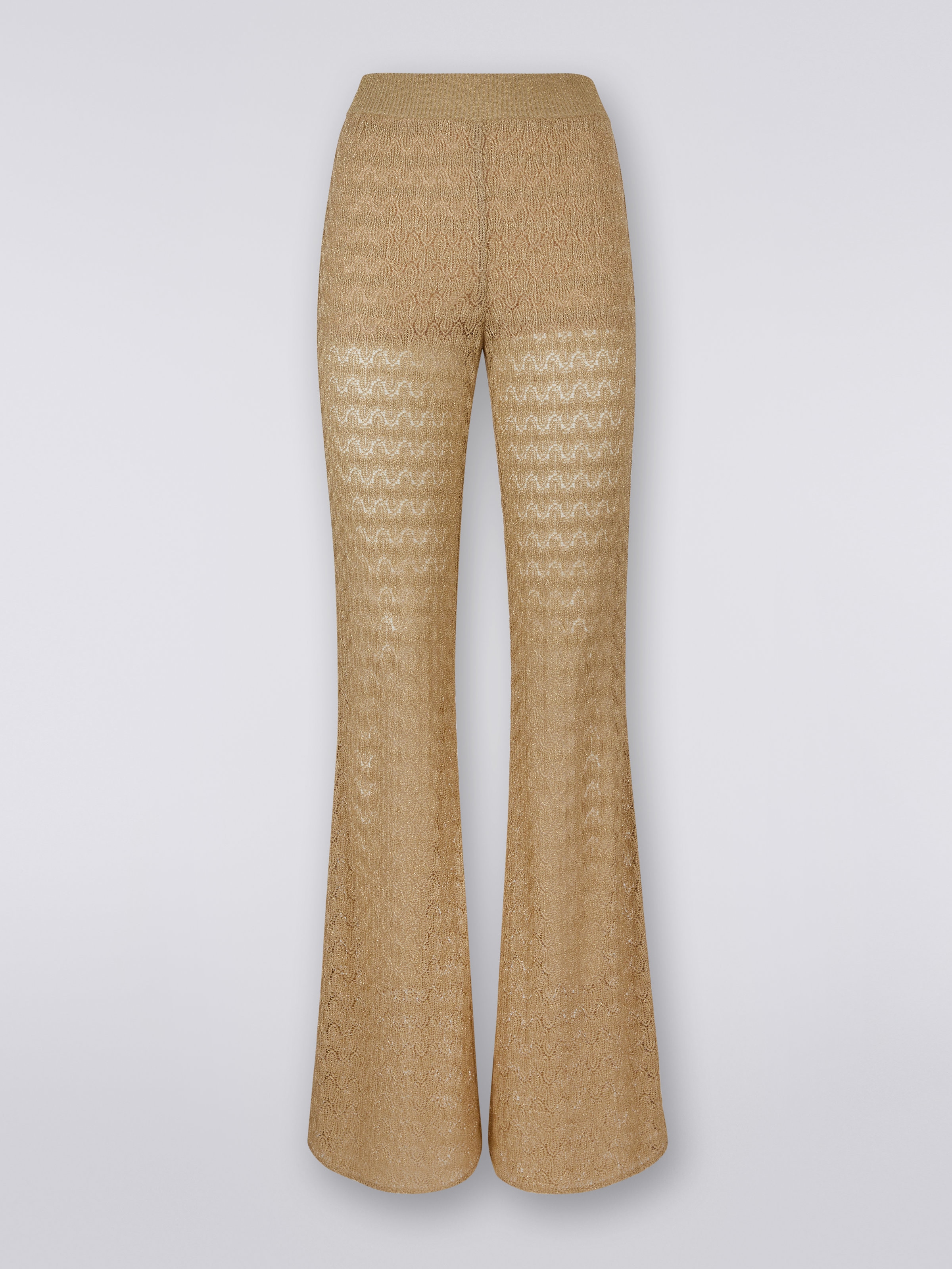 Pantaloni con fondo svasato in maglia misto viscosa, Ocra & Giallo Lamé - 0