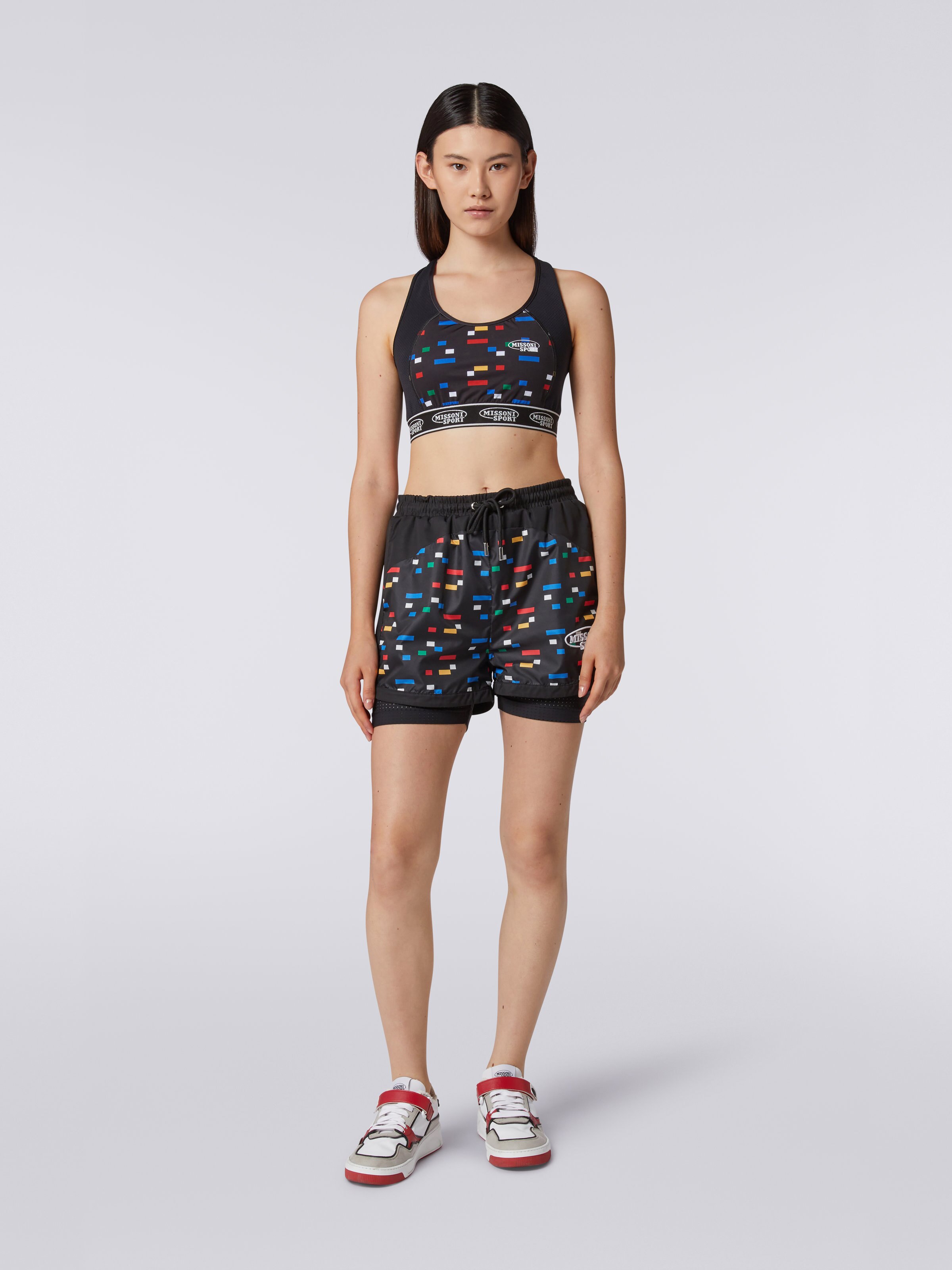 Shorts in technical fabric with pixel print, Black & Multicoloured  - 1