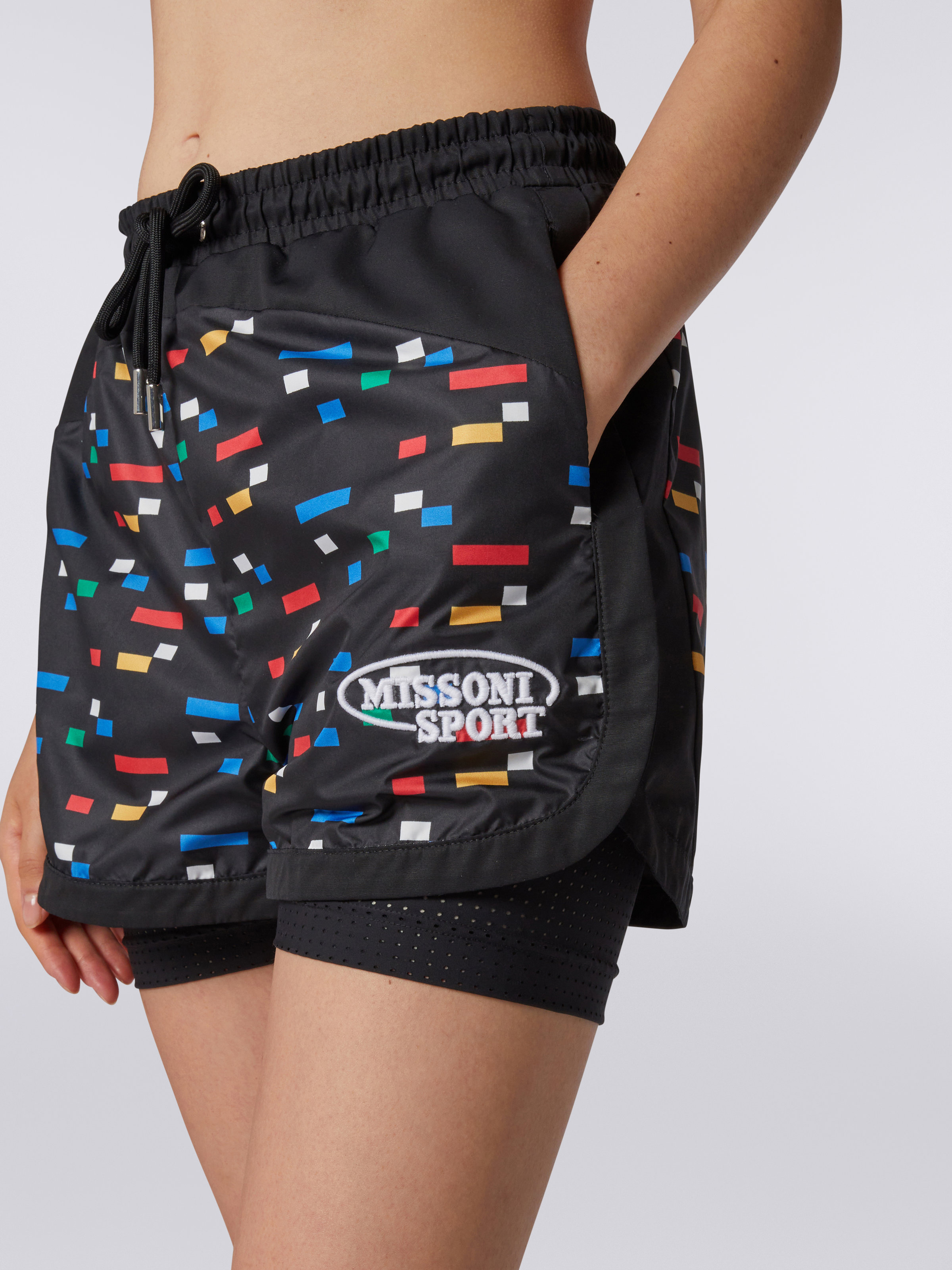Shorts in technical fabric with pixel print, Black & Multicoloured  - 4