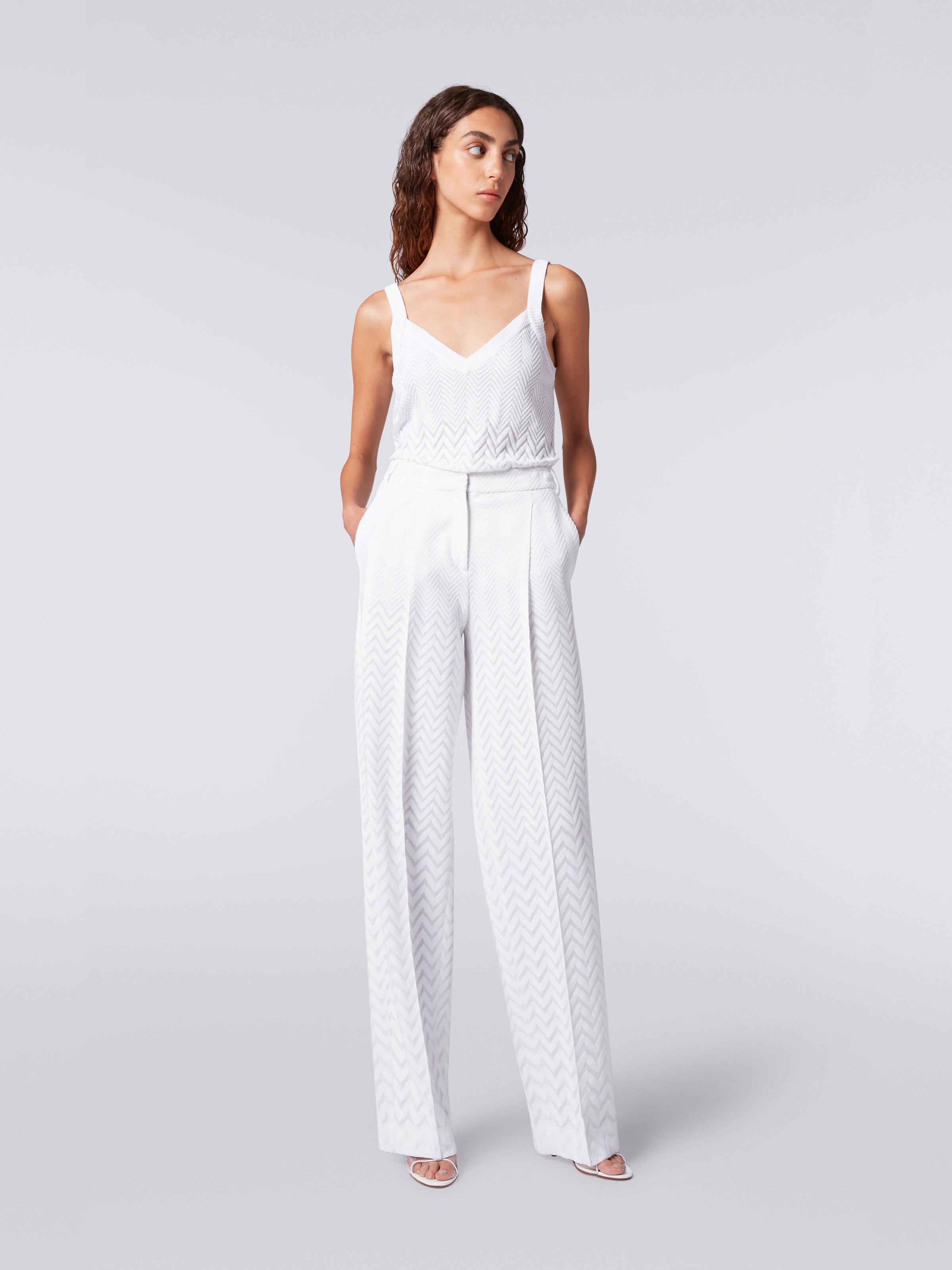 Classic cotton and viscose trousers, White  - 1