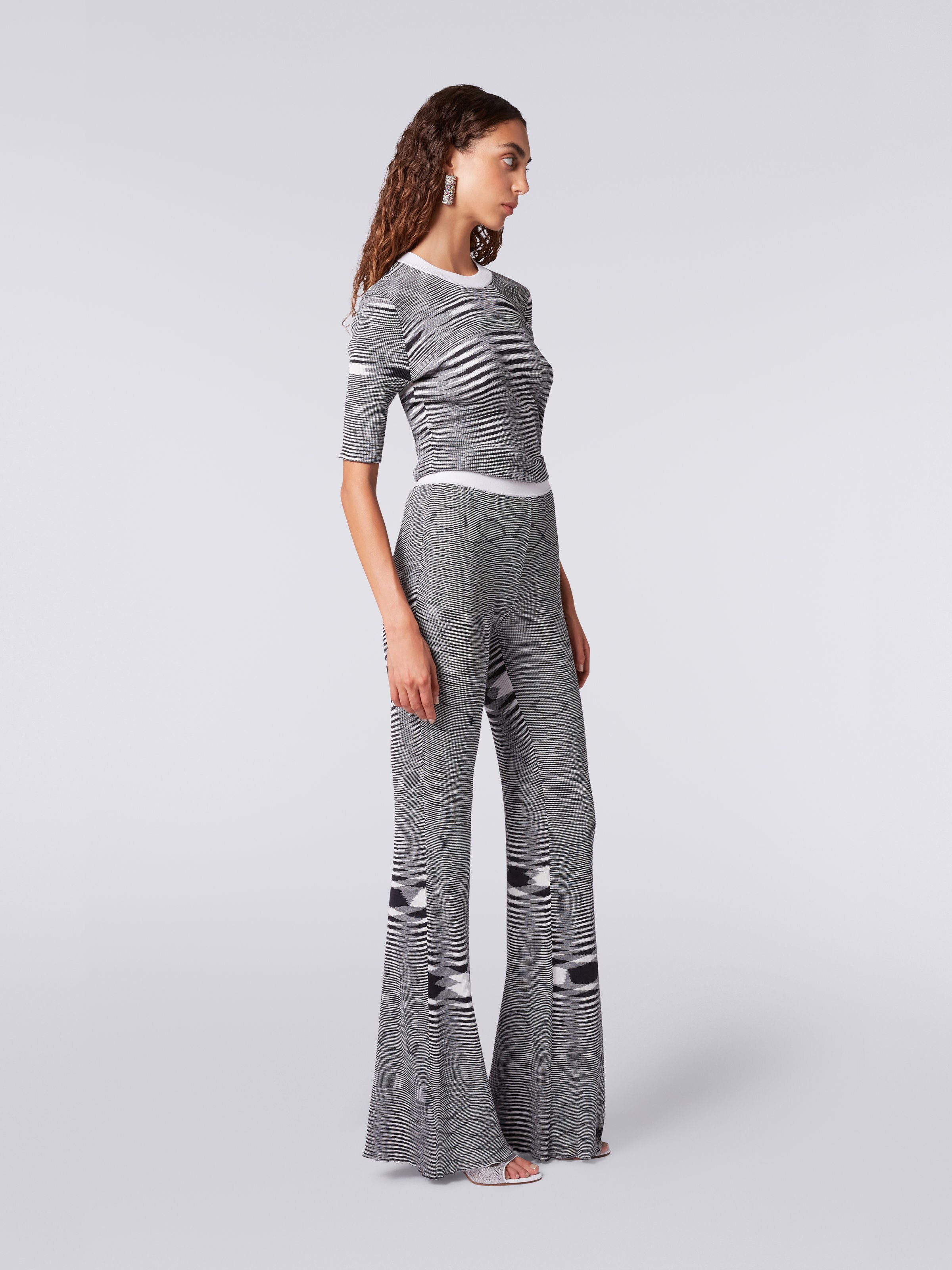Slub cotton and viscose flared trousers, Black & White - 2