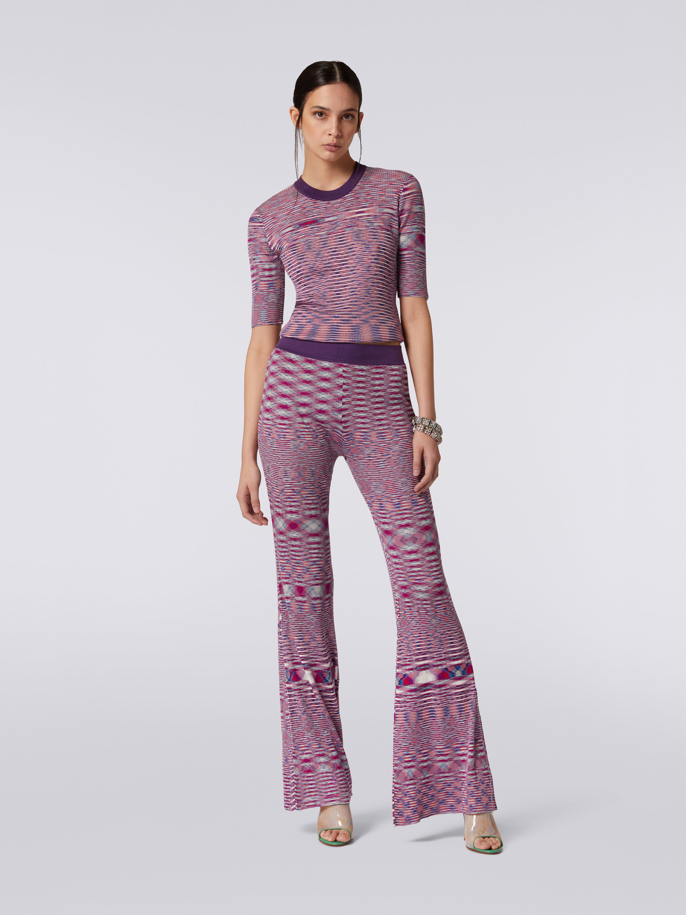 Slub cotton and viscose flared trousers, Multicoloured - 1