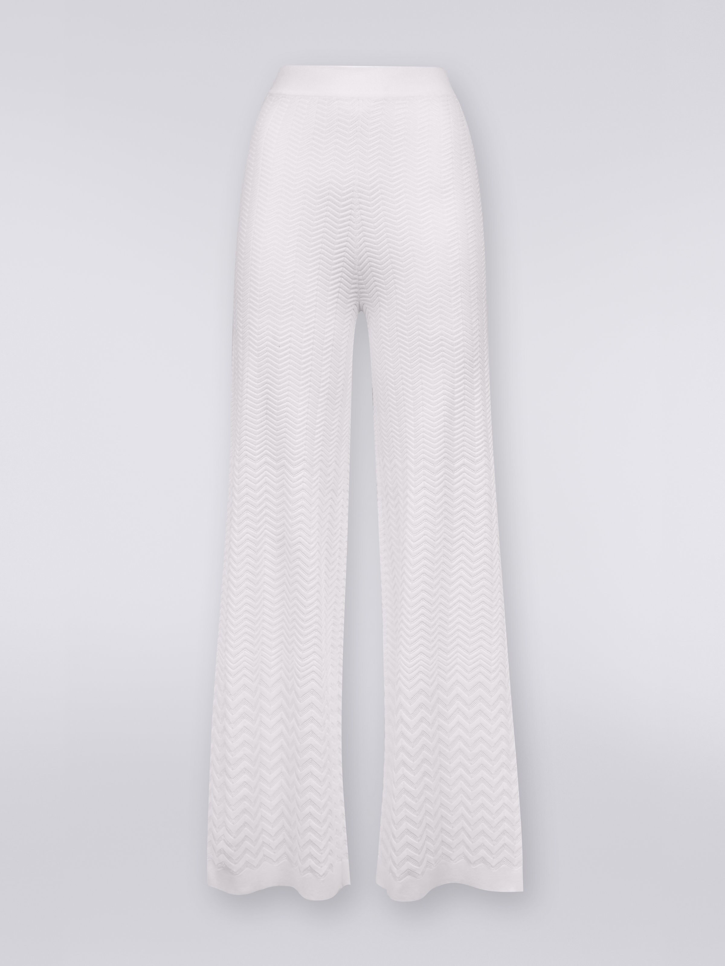 Pantaloni dritti in maglia con chevron tono su tono, Bianco  - 0