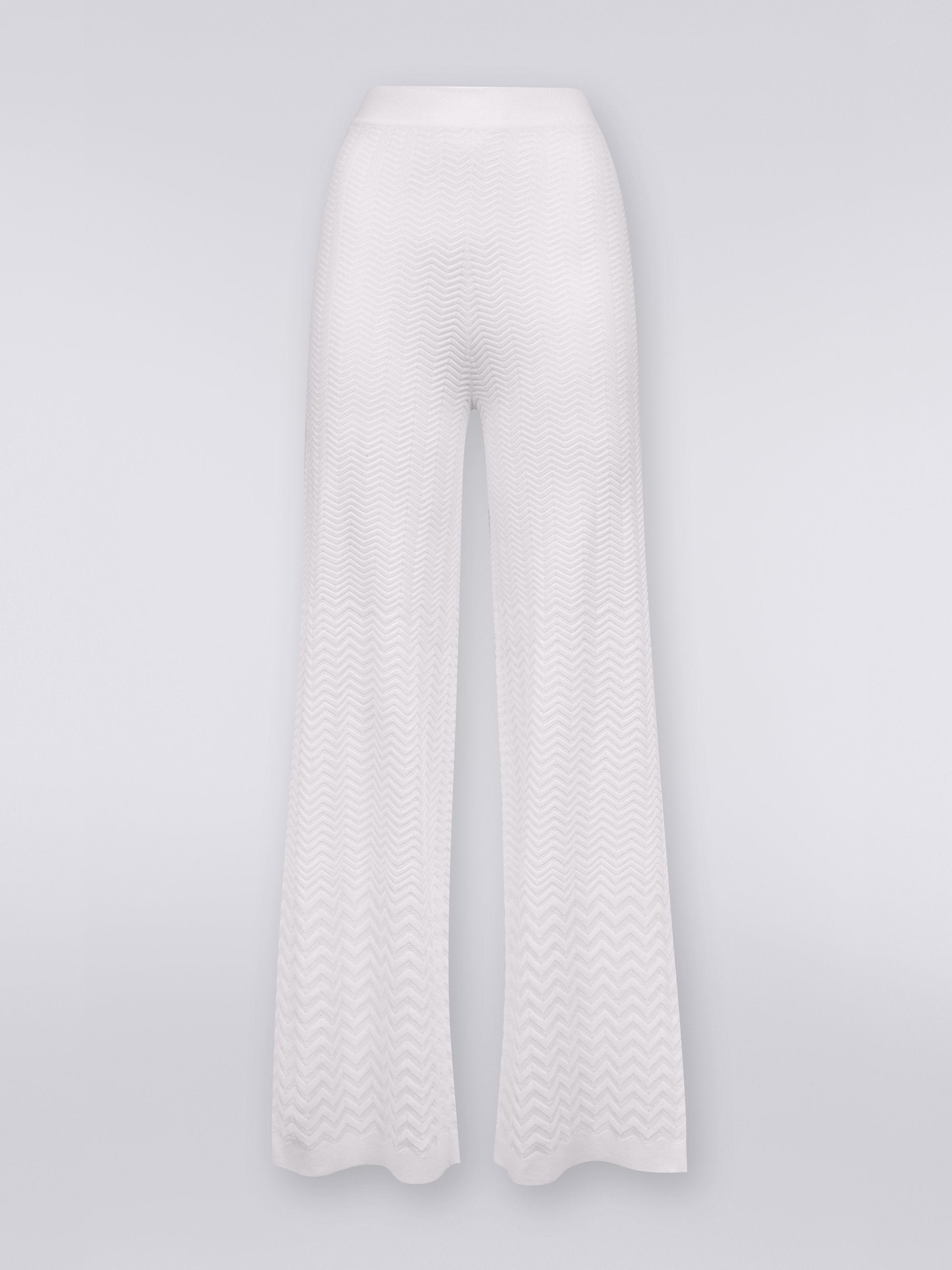 Pantalon droit en maille avec chevrons ton sur ton, Blanc  - 0