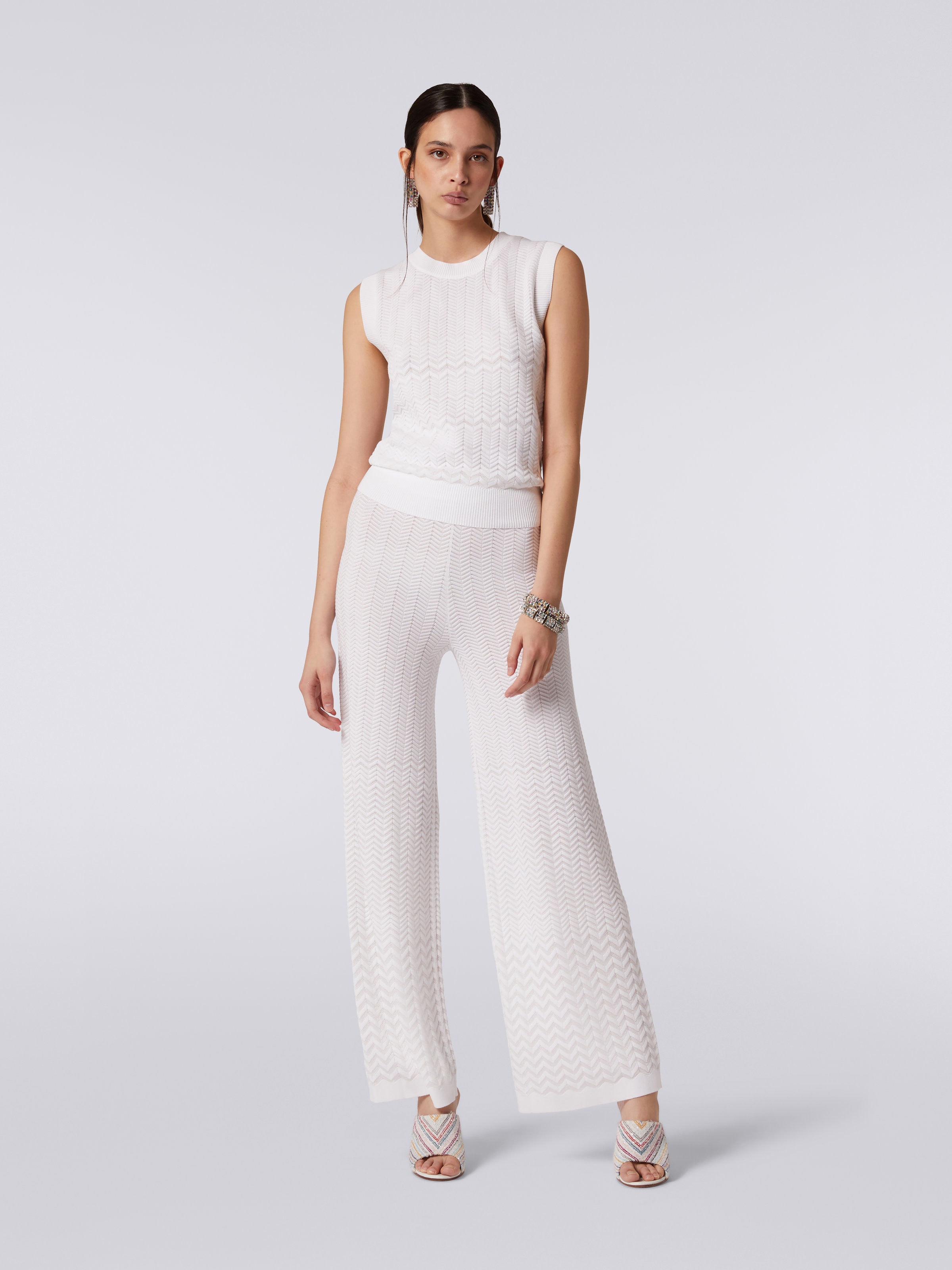 Straight knit trousers with tone-on-tone chevron, White  - 1