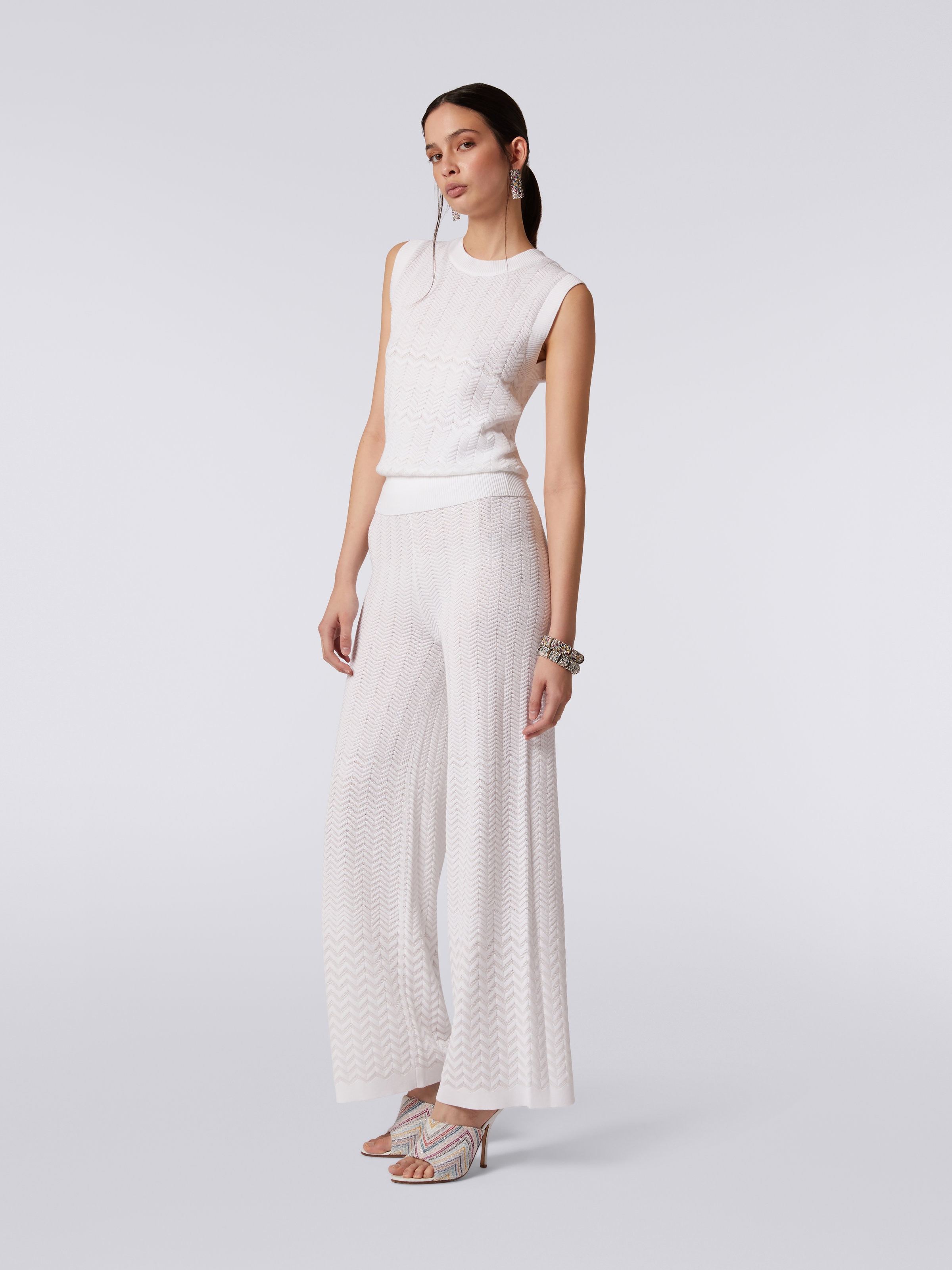 Straight knit trousers with tone-on-tone chevron, White  - 2
