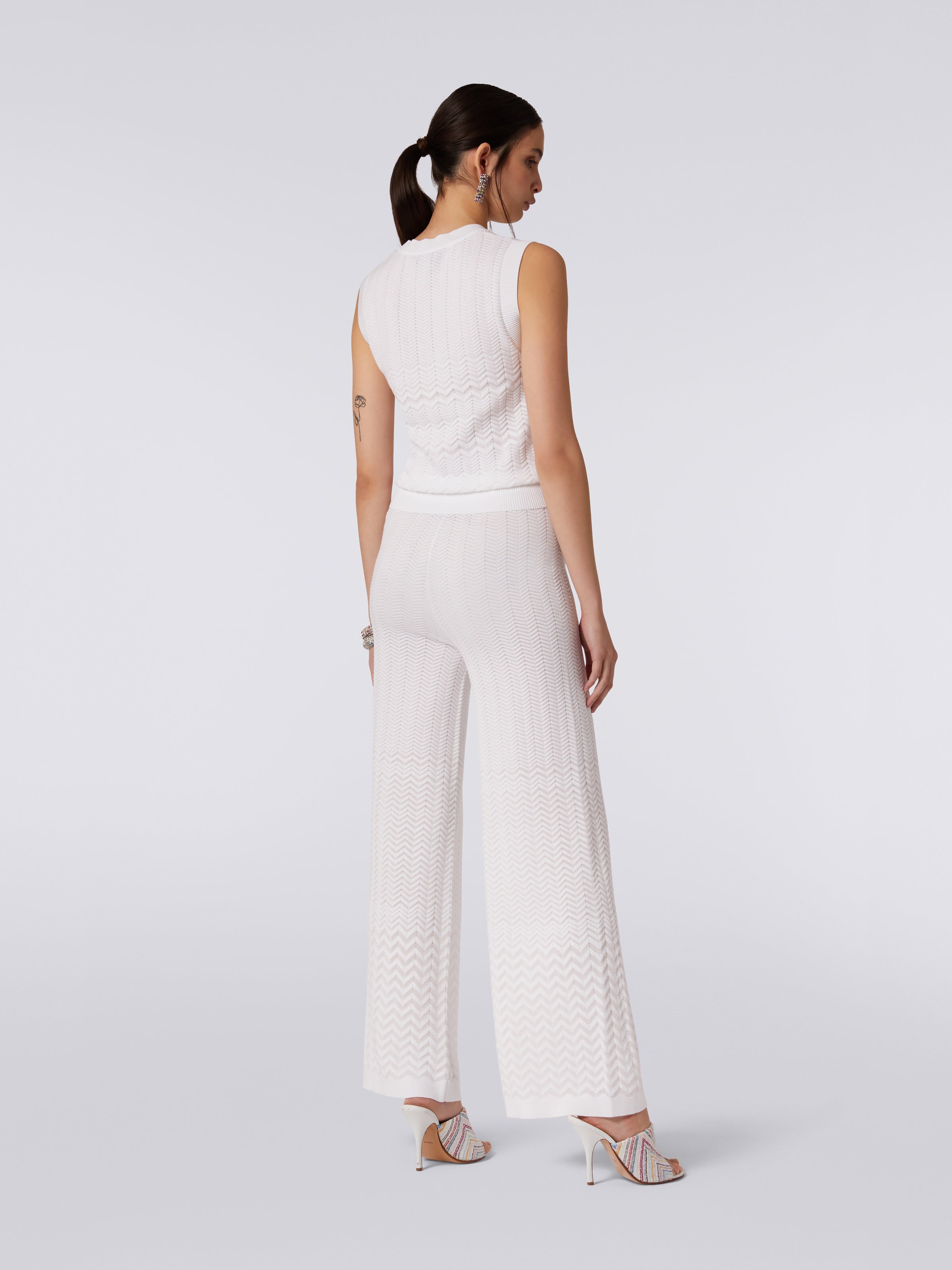 Straight knit trousers with tone-on-tone chevron, White  - 3