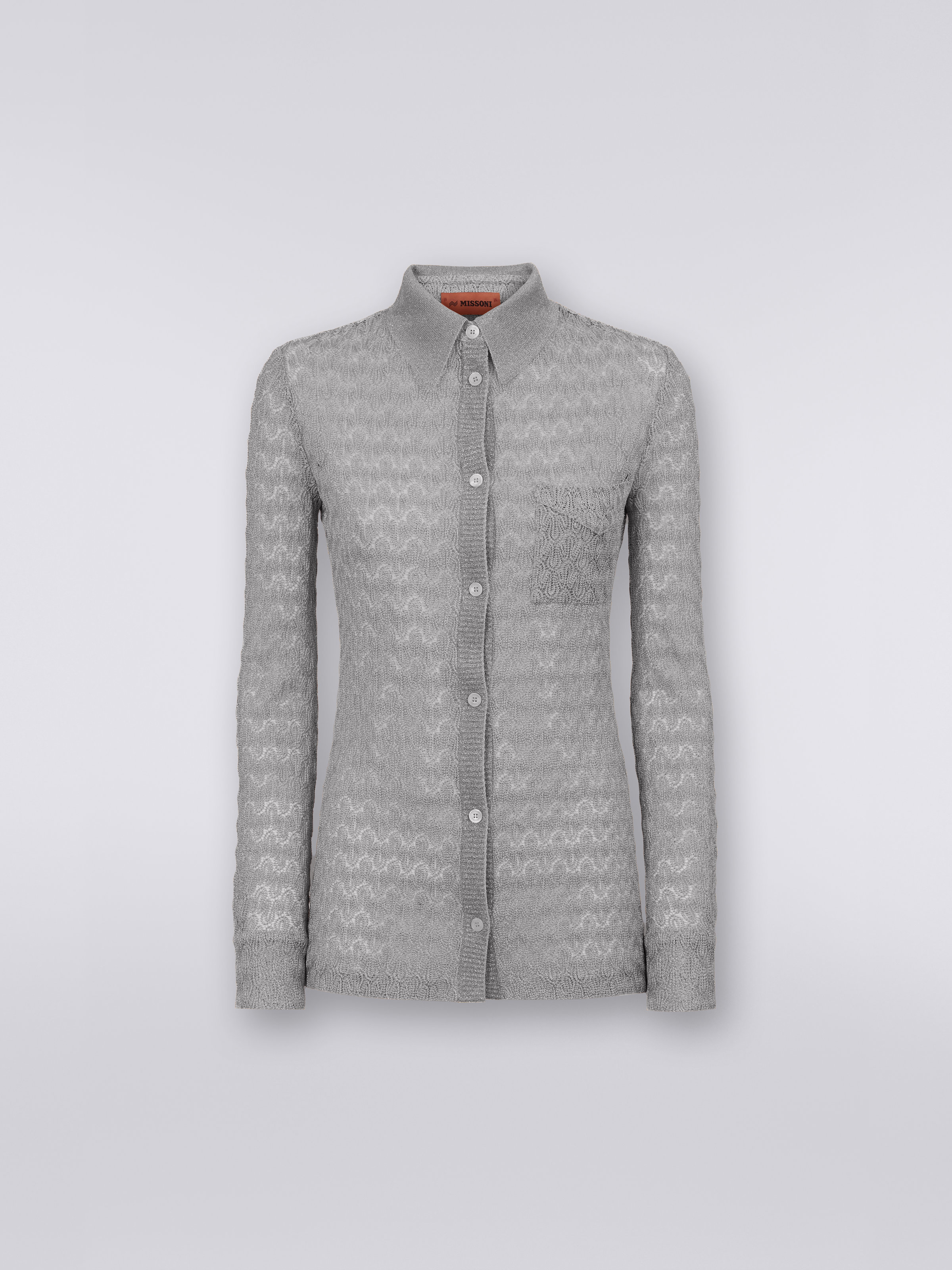 Viscose blend lace effect shirt with lamé, Silver & Grey Lamé - 0