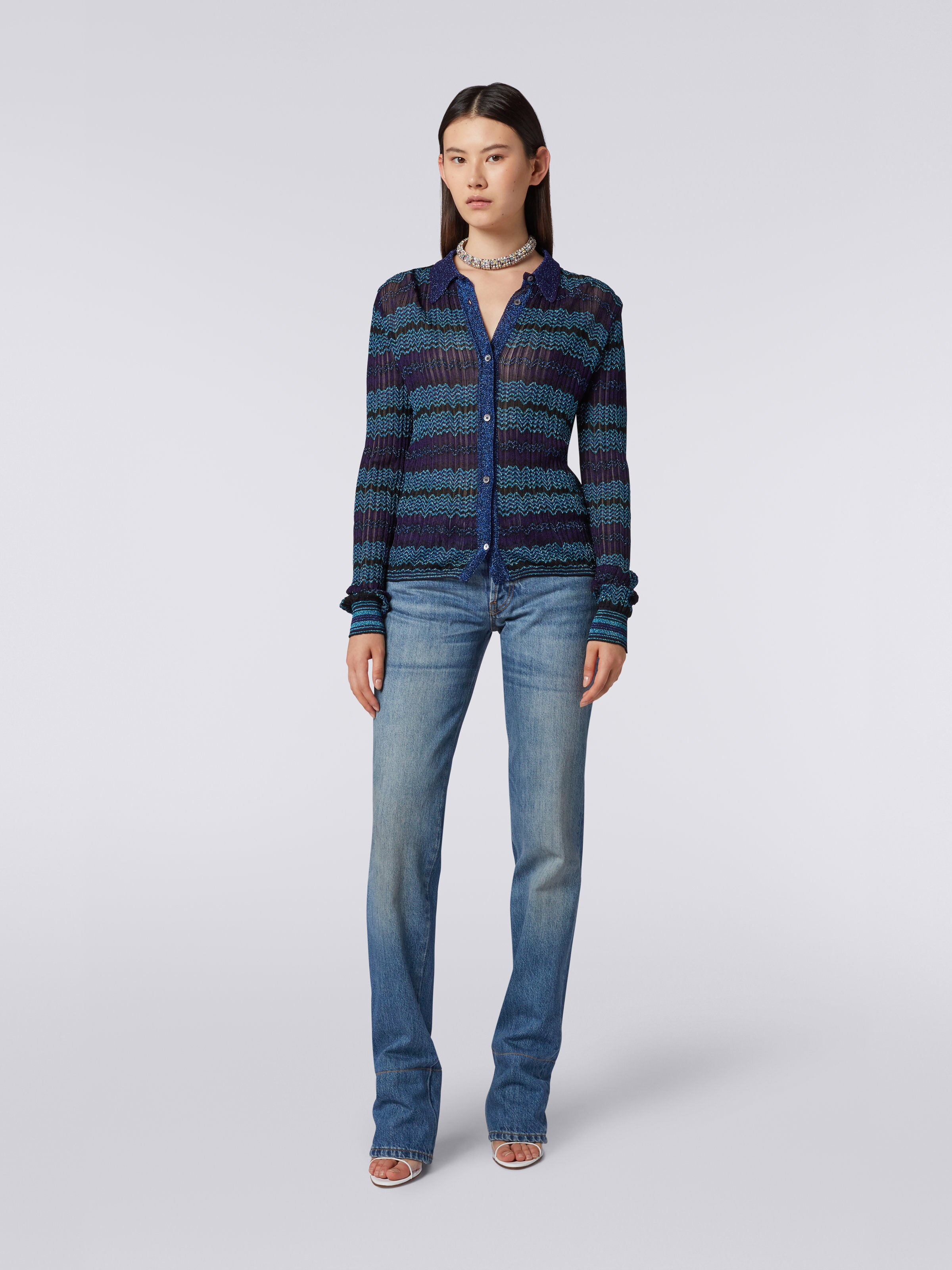 Camicia con lavorazione jacquard e lamé, Blu, Turchese & Nero - 1