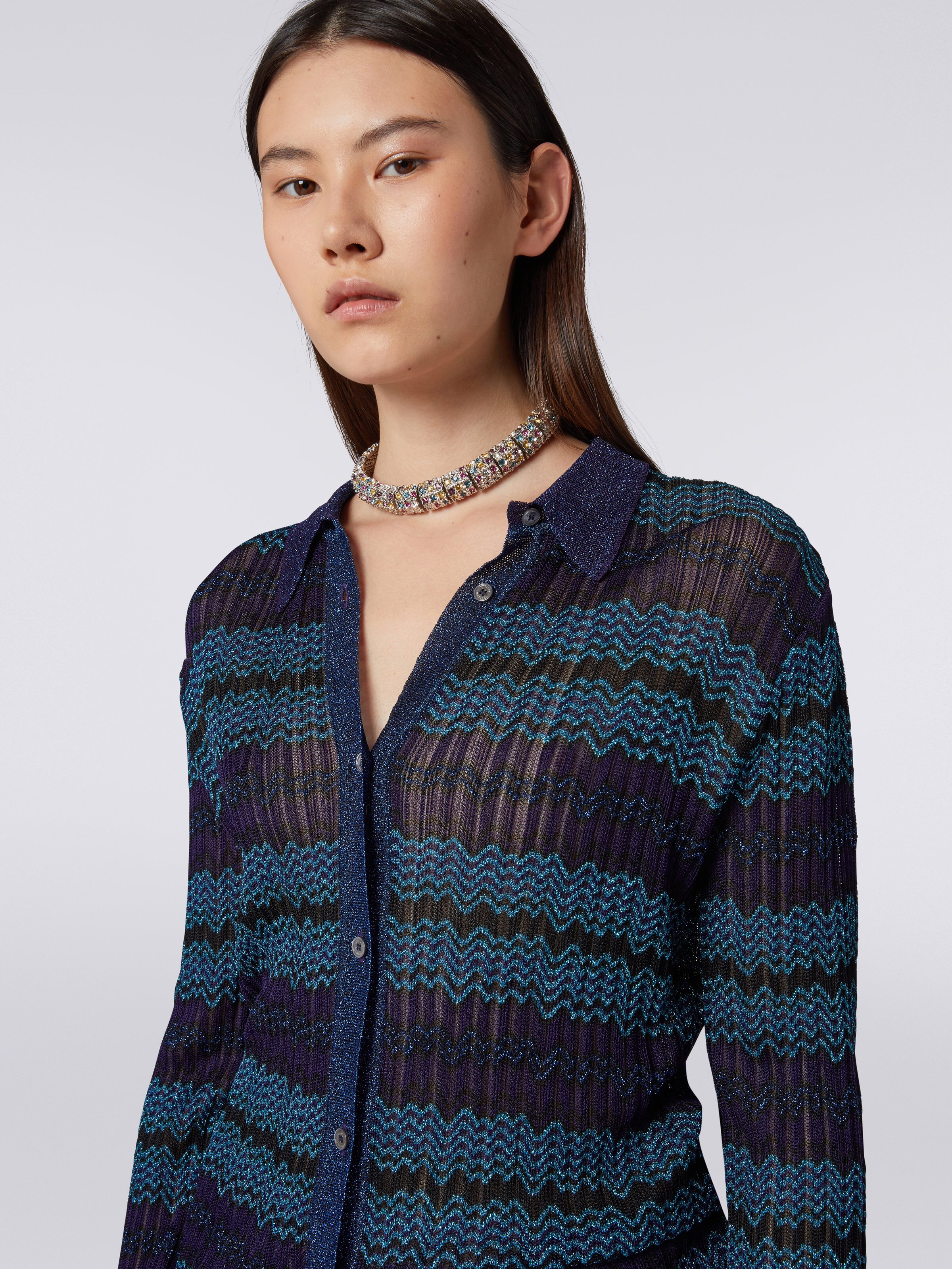 Camicia con lavorazione jacquard e lamé, Blu, Turchese & Nero - 4