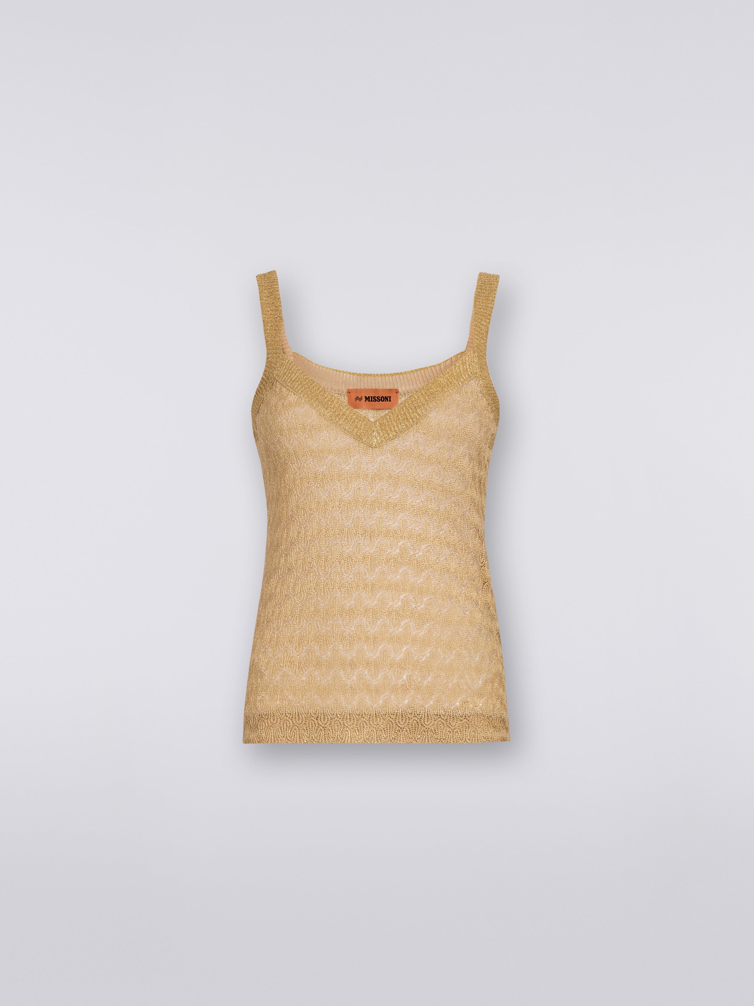 Lace-effect knitted tank top with lamé, Ochre & Yellow Lamé - 0