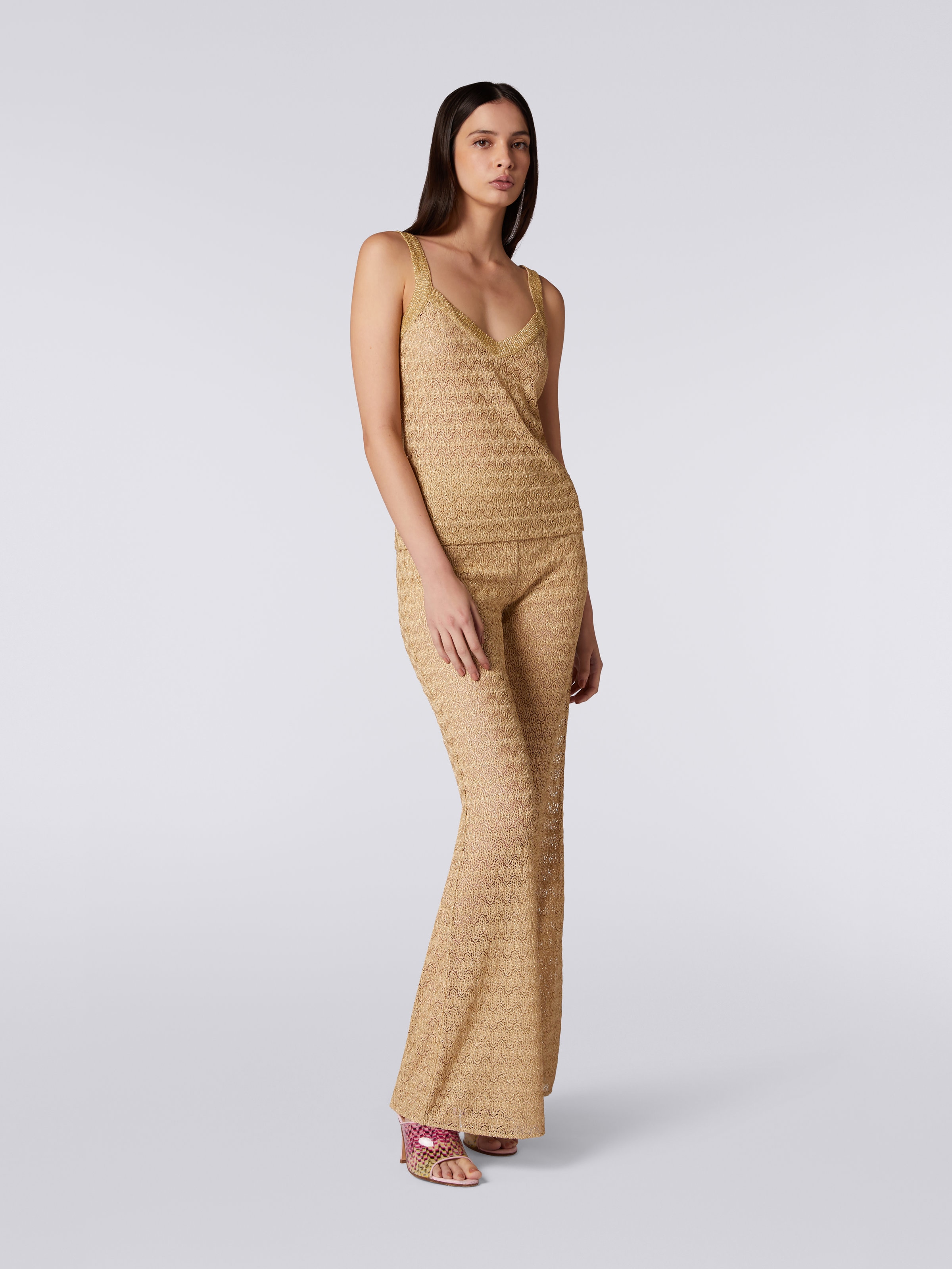 Lace-effect knitted tank top with lamé, Ochre & Yellow Lamé - 1