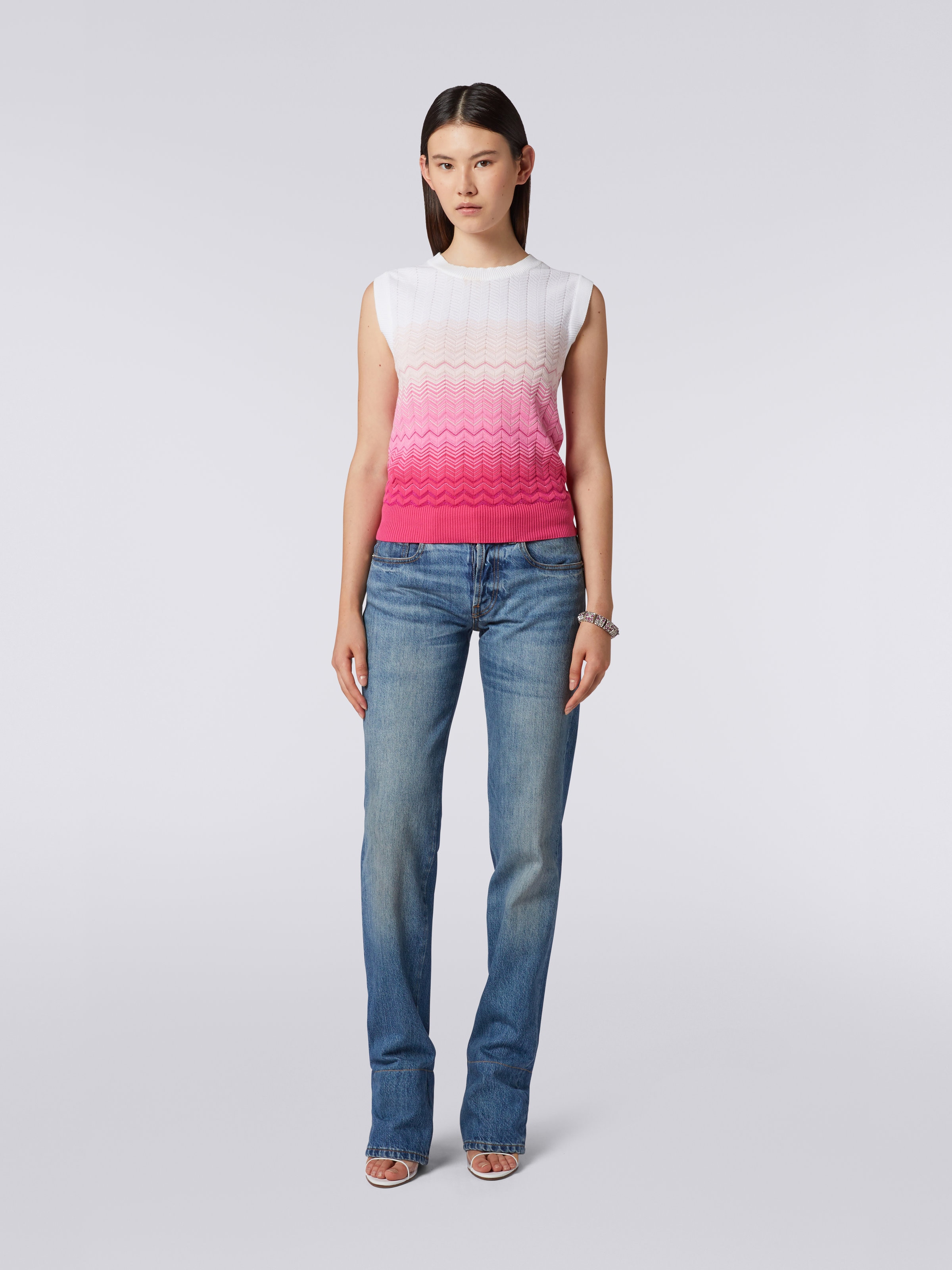 Camiseta sin mangas de algodón y viscosa zigzag degradado, Rosa   - 1