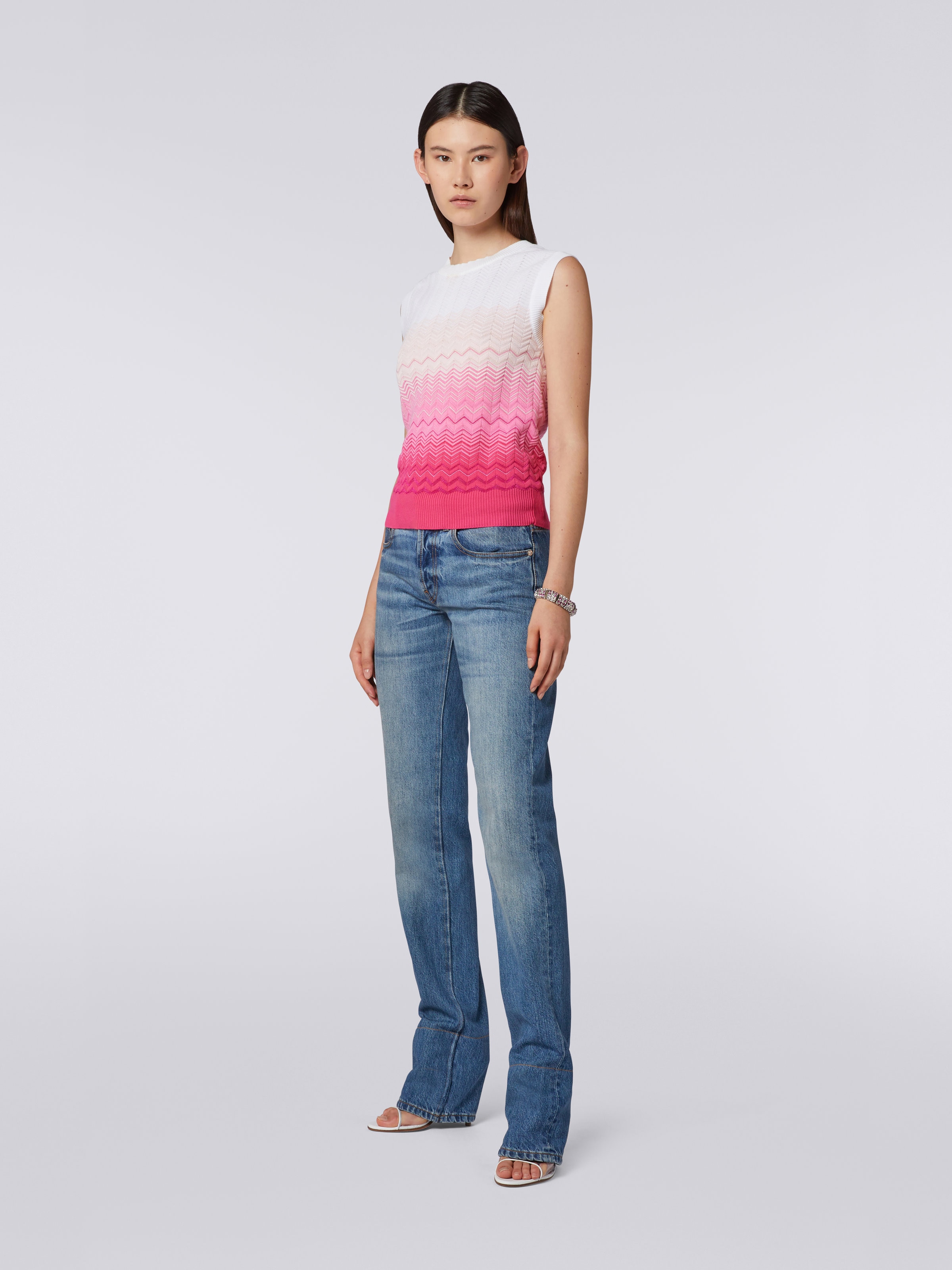 Camiseta sin mangas de algodón y viscosa zigzag degradado, Rosa   - 2