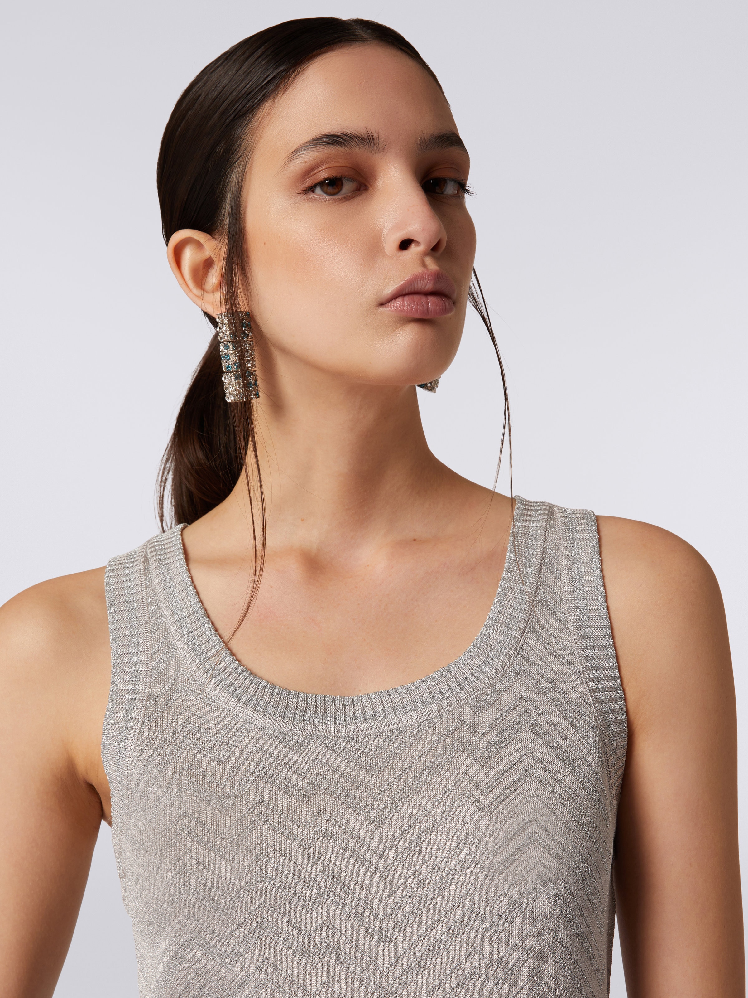 Viscose blend tank top with tone-on-tone chevron and lamé Silver