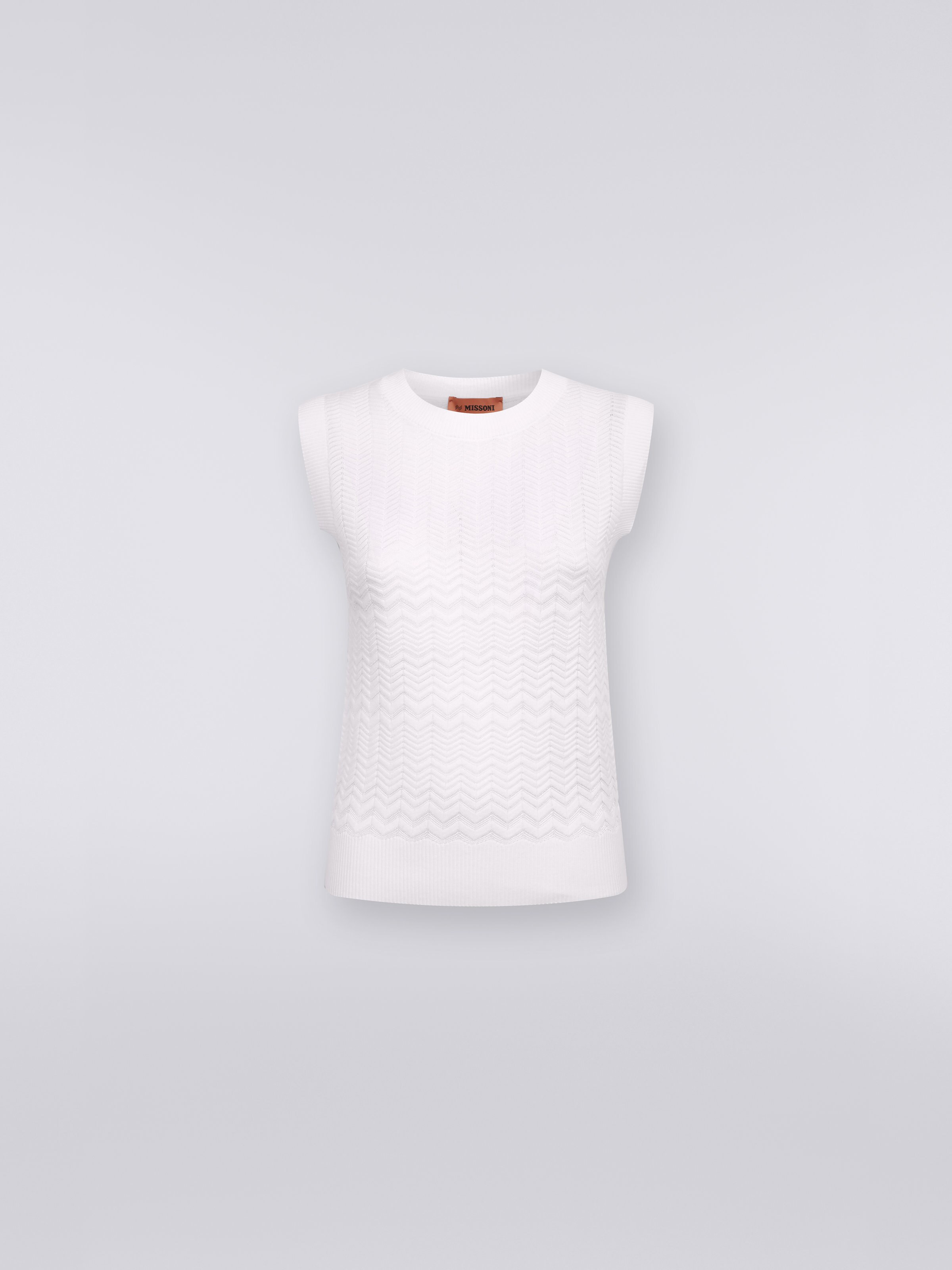 Top sans manches en coton et viscose avec zigzags ton sur ton, Blanc  - 0