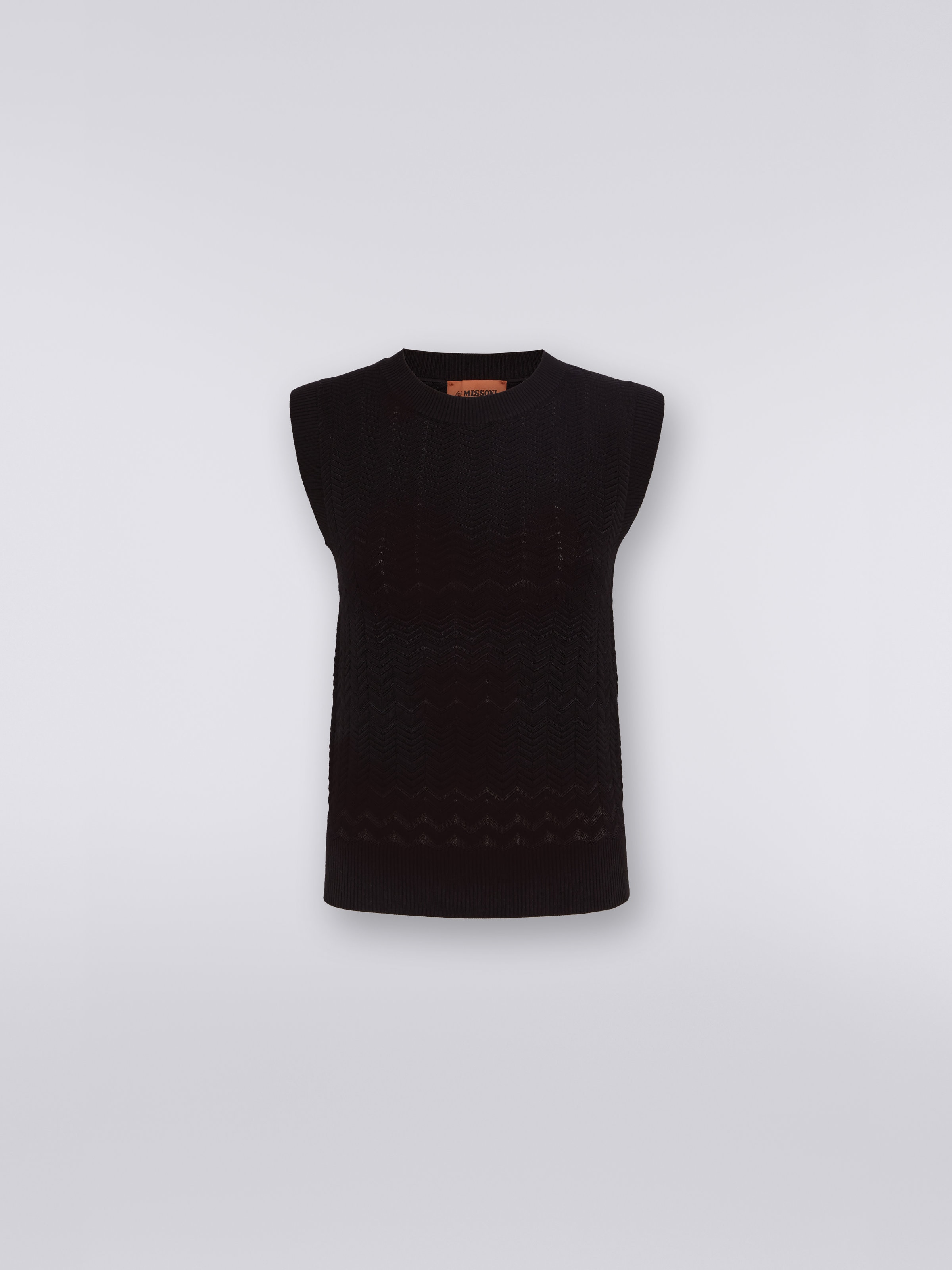 Camiseta sin mangas de algodón y viscosa con zigzag tono sobre tono, Negro    - 0