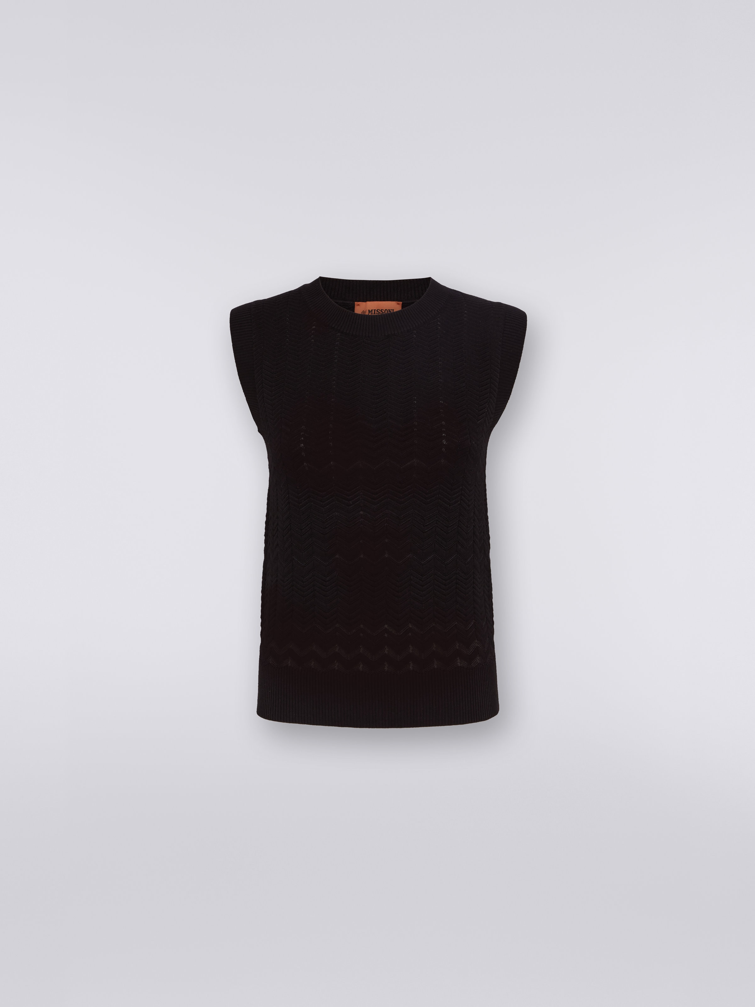 Top sans manches en coton et viscose avec zigzags ton sur ton, Noir    - 0