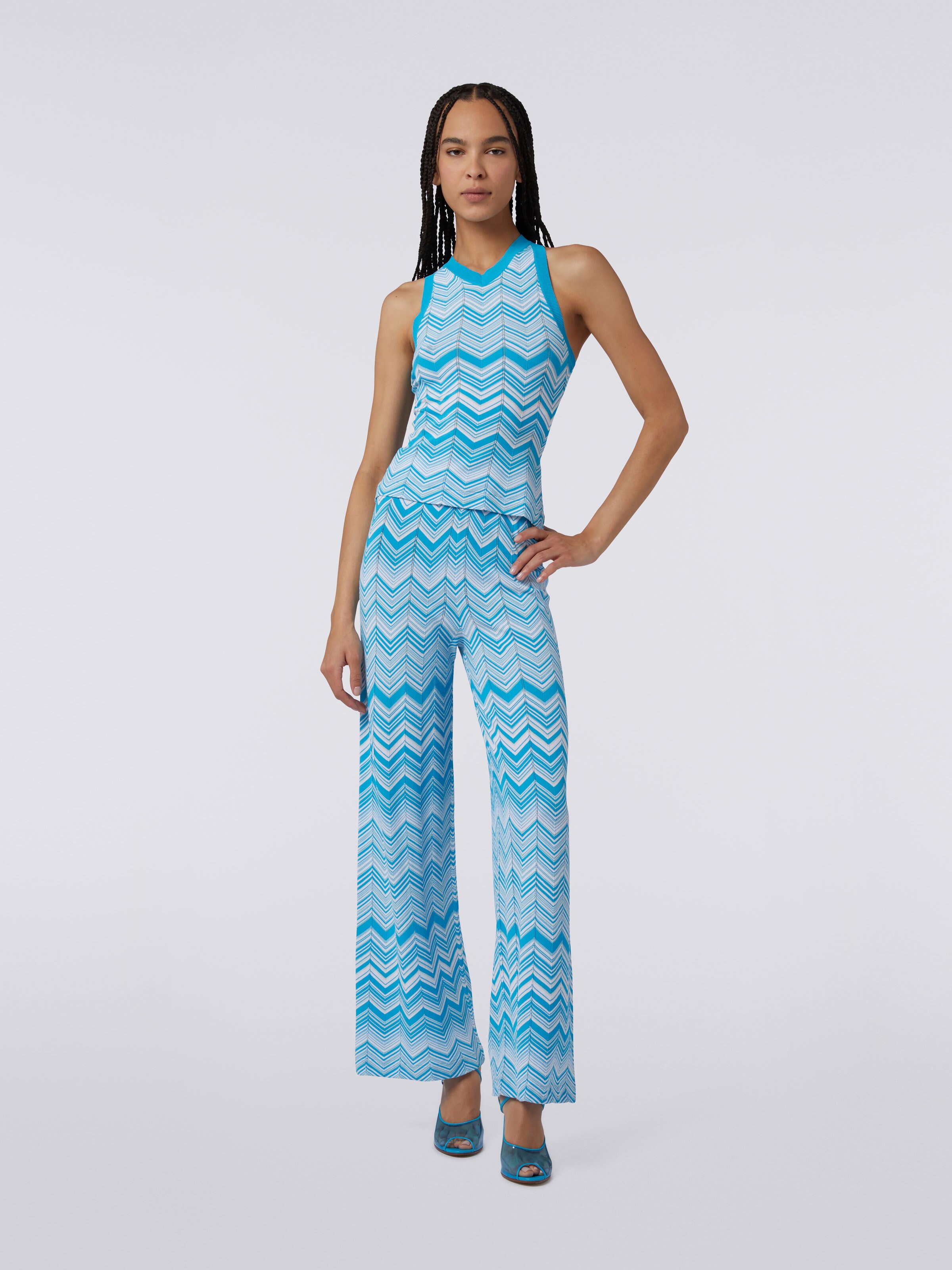 Viscose blend sleeveless top, Light Blue & White - 1