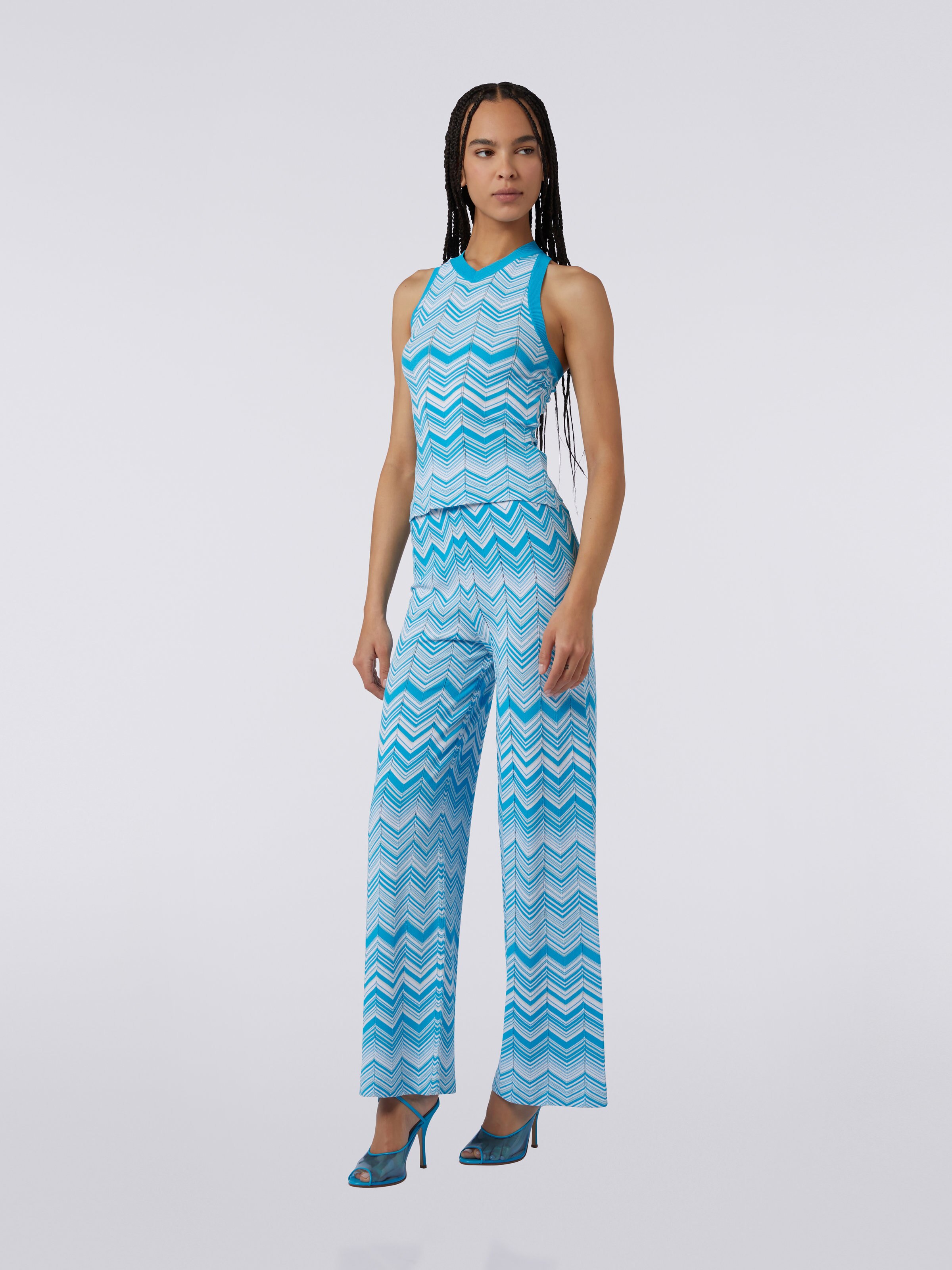 Viscose blend sleeveless top, Light Blue & White - 2