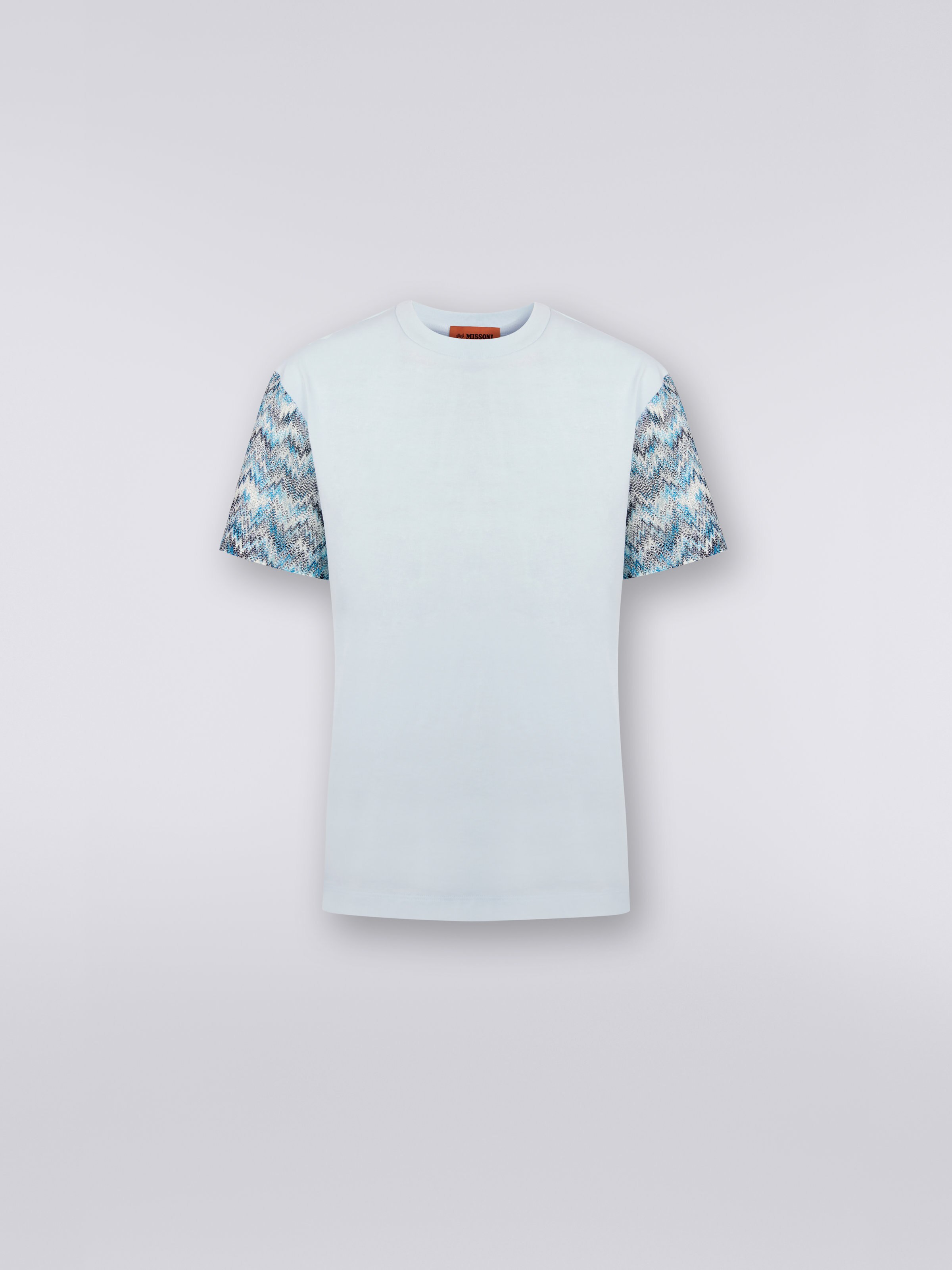 T-shirt girocollo in cotone con inserti in maglia, Celeste - 0