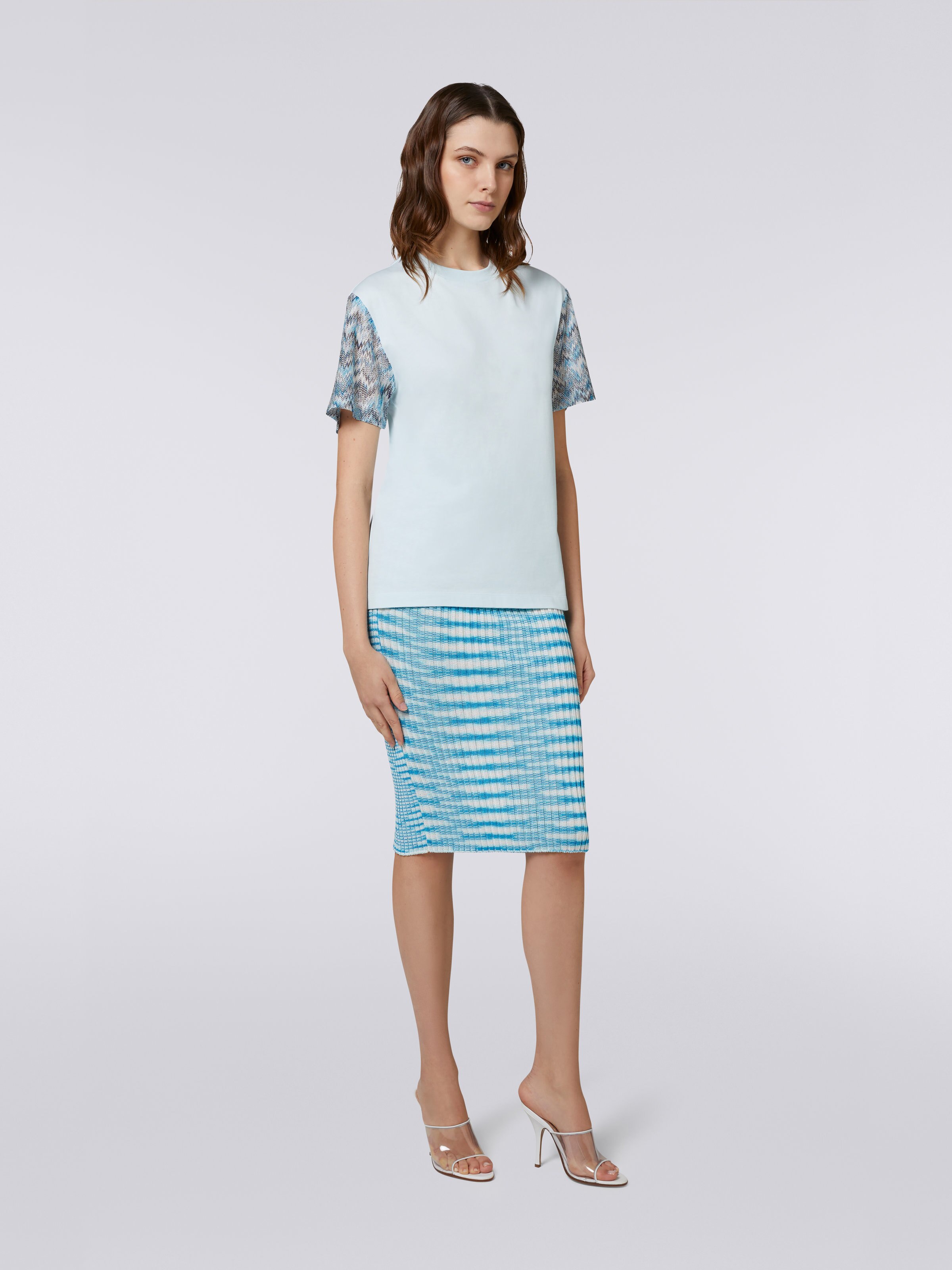 T-shirt girocollo in cotone con inserti in maglia, Celeste - 1