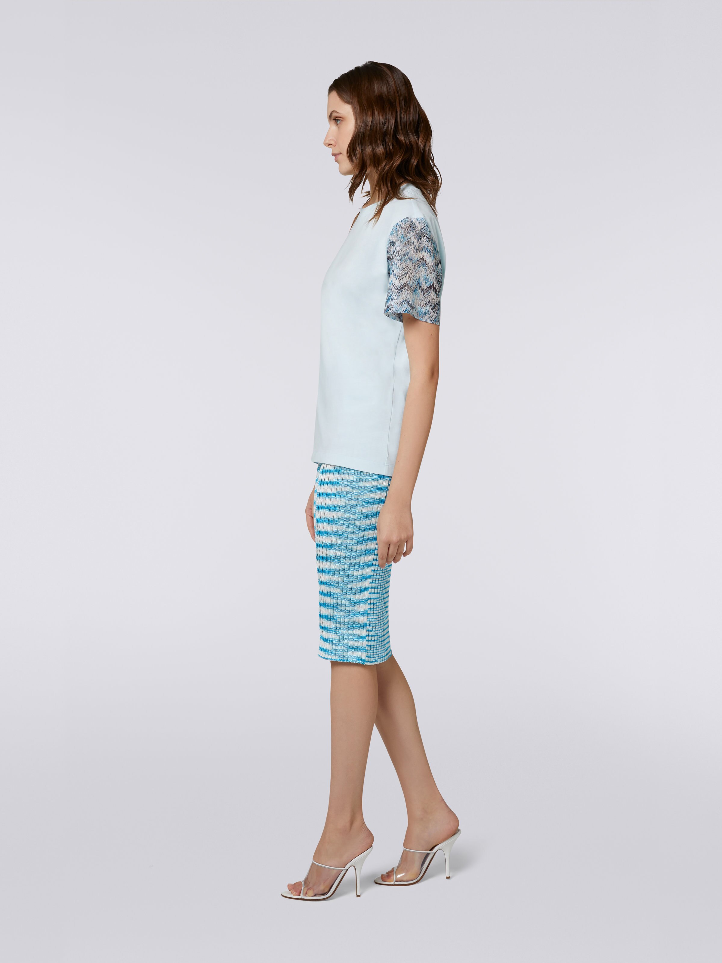 T-shirt girocollo in cotone con inserti in maglia, Celeste - 2