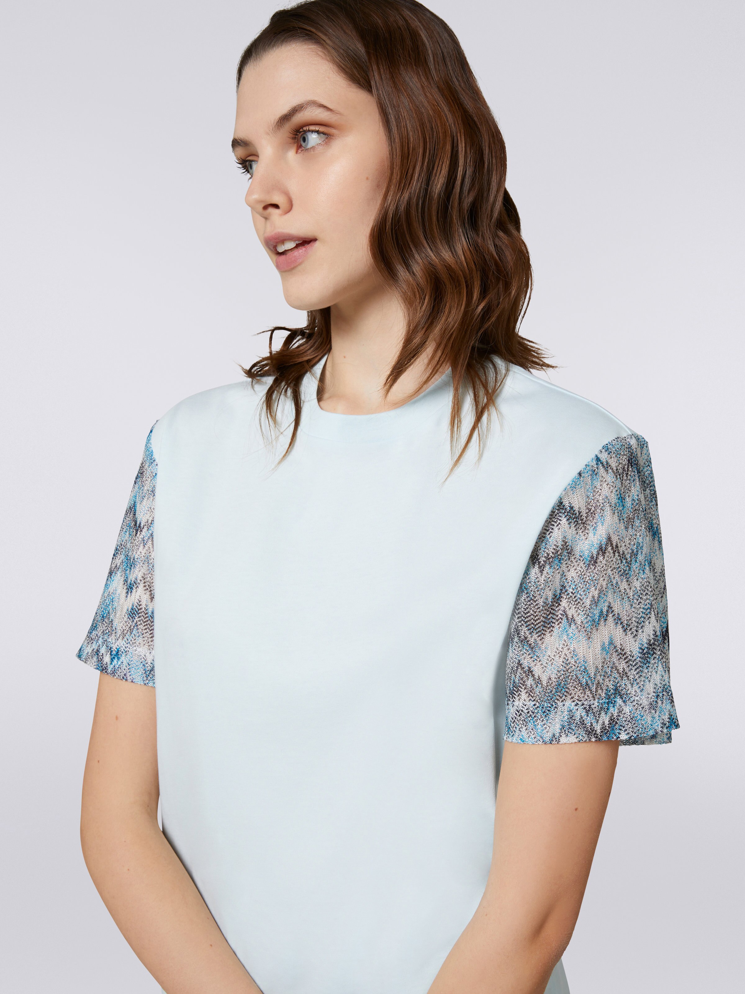 T-shirt girocollo in cotone con inserti in maglia, Celeste - 4