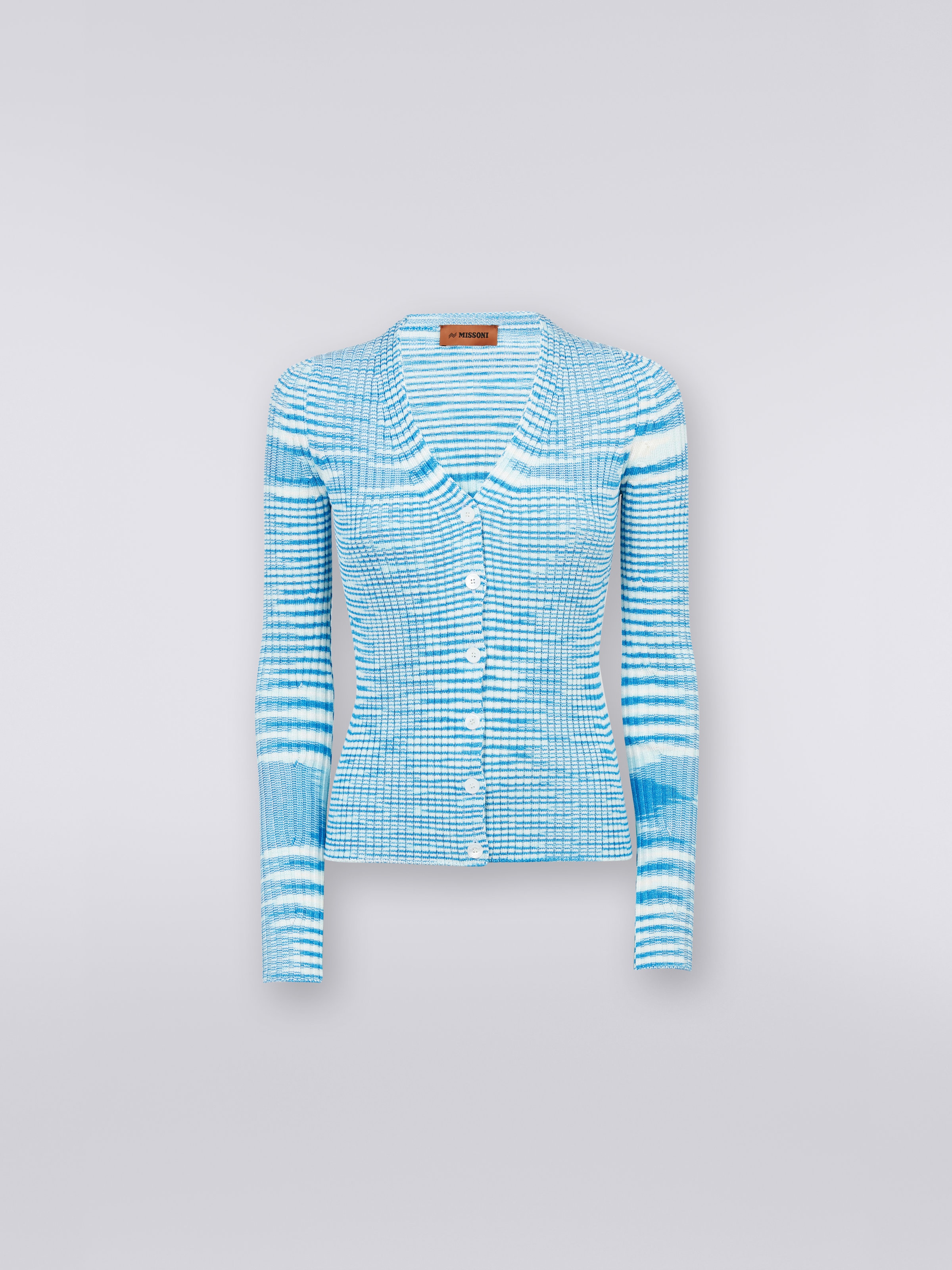 Gerippter Cardigan aus Viskosemischgewebe in Flammgarnoptik, Türkis, Himmelblau & Weiß - 0
