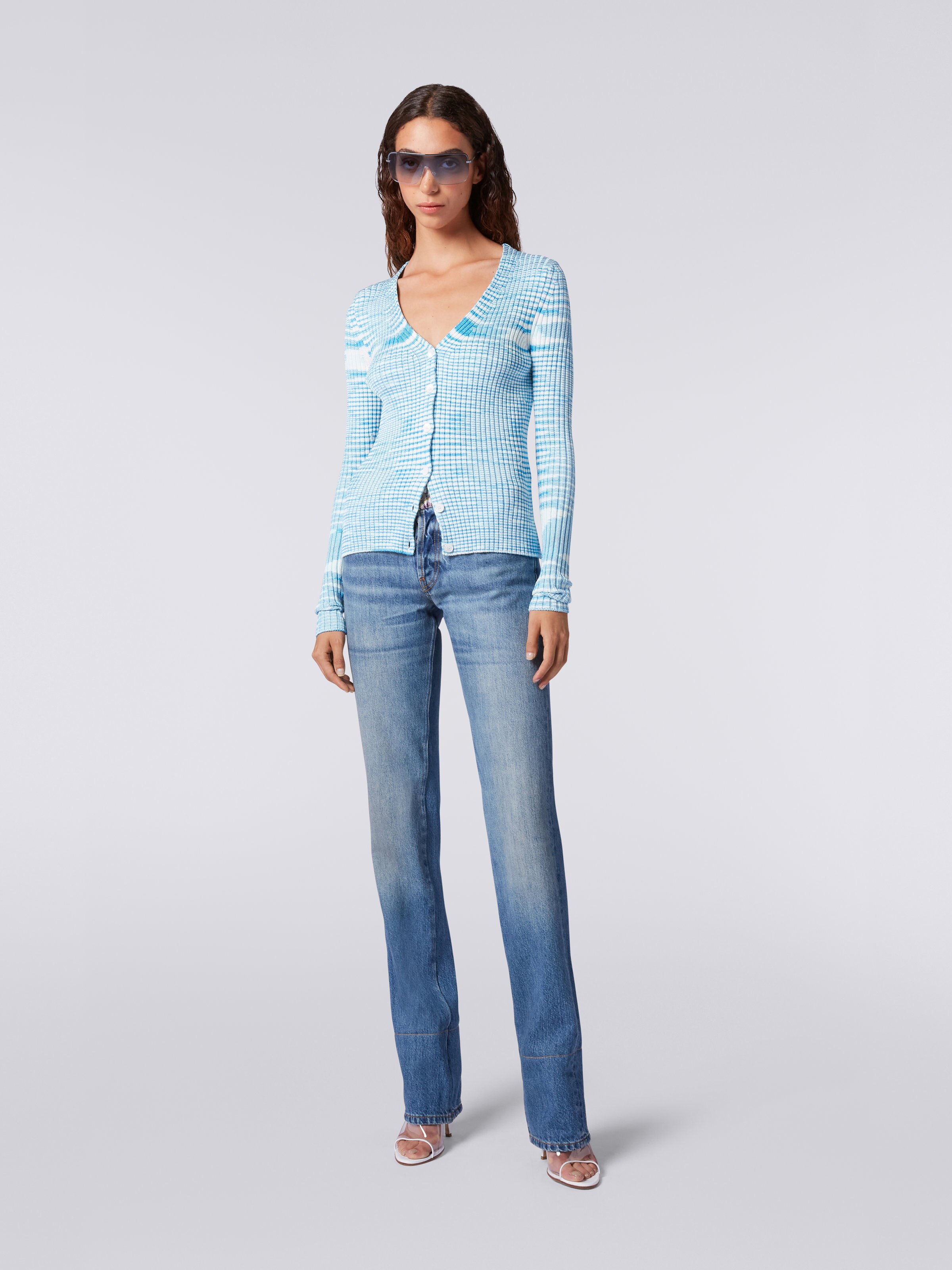 Gerippter Cardigan aus Viskosemischgewebe in Flammgarnoptik, Türkis, Himmelblau & Weiß - 1