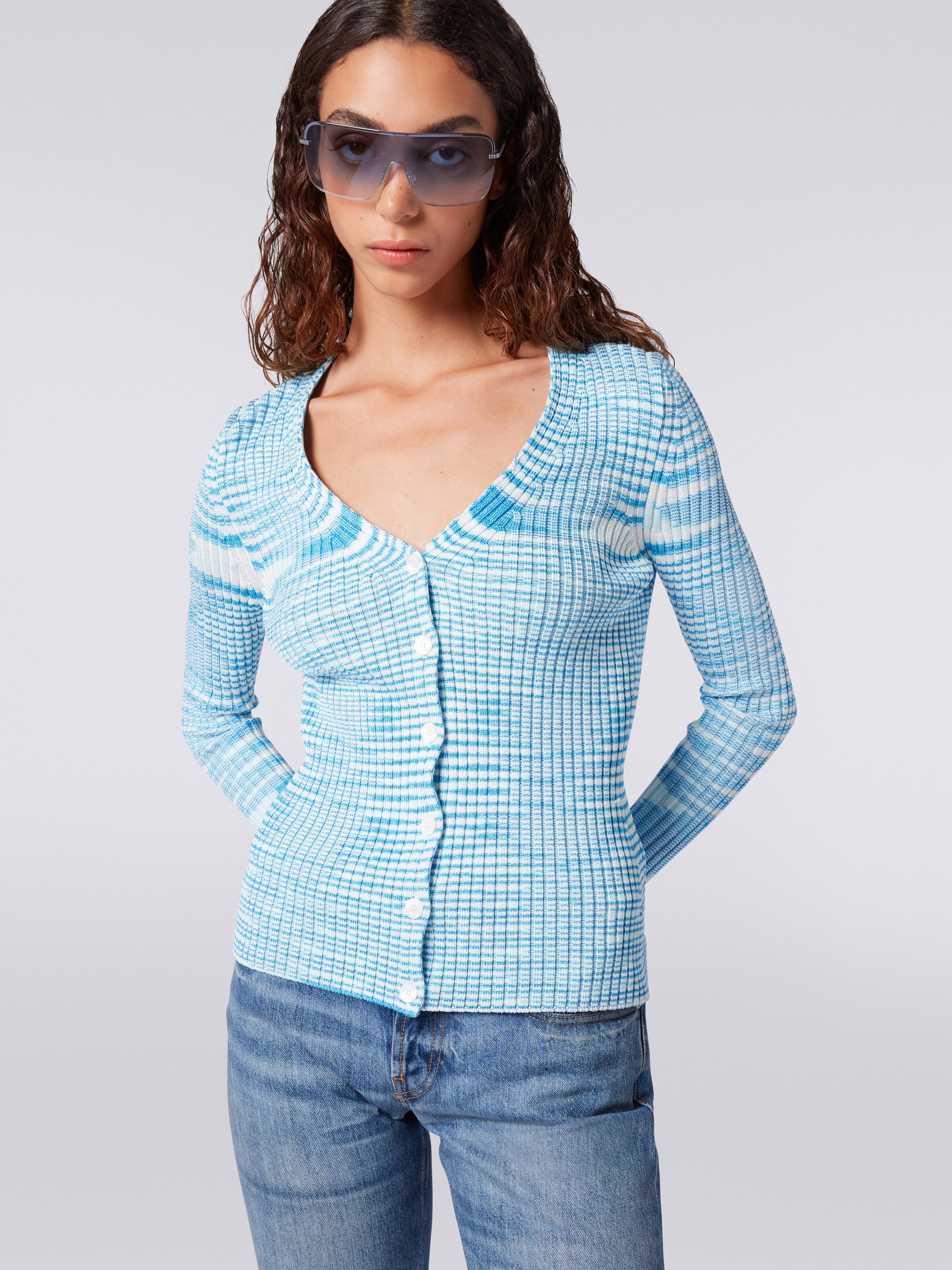 Gerippter Cardigan aus Viskosemischgewebe in Flammgarnoptik, Türkis, Himmelblau & Weiß - 4