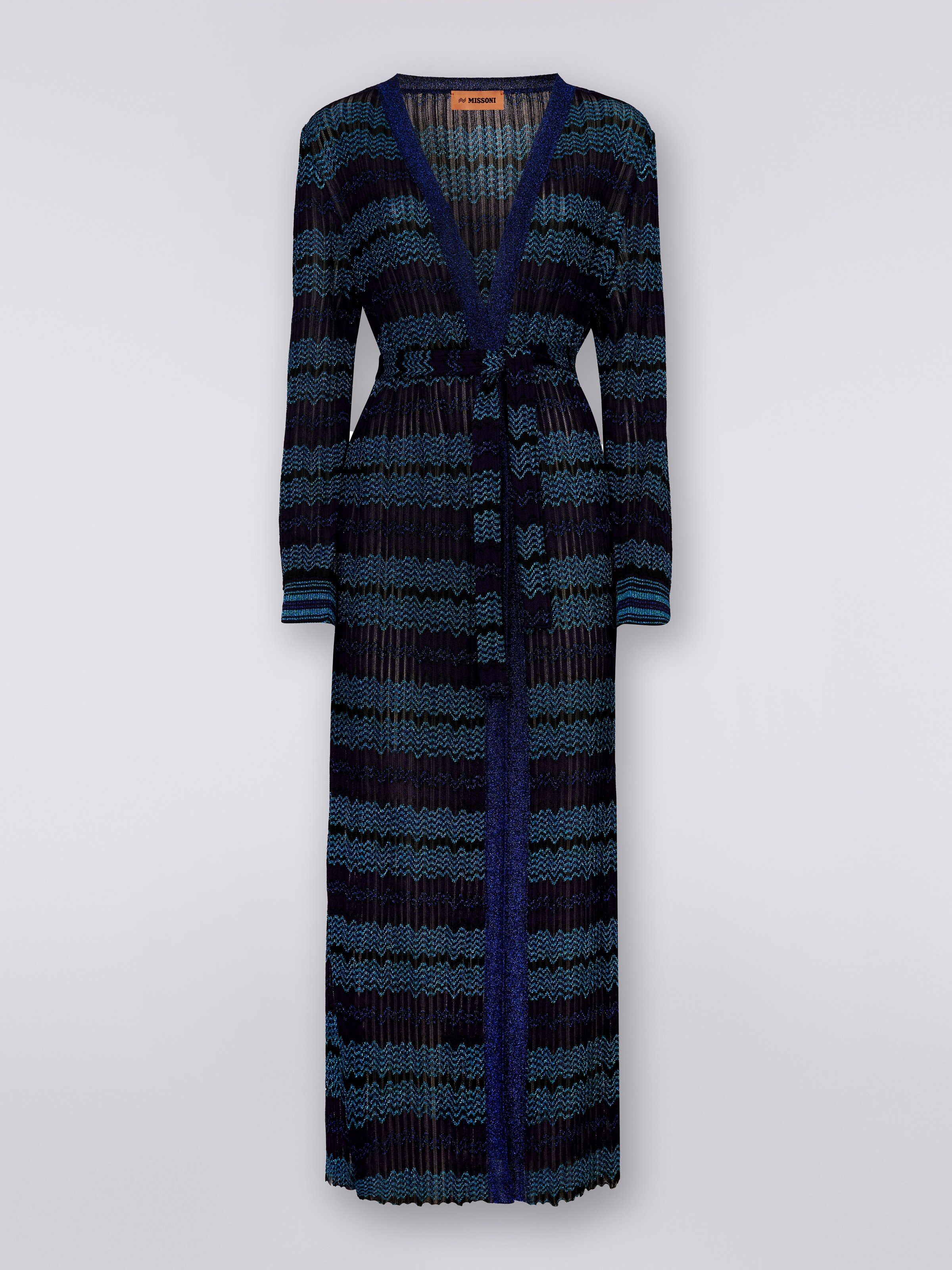 Long viscose blend knit cardigan with belt, Blue, Turquoise & Black - 0