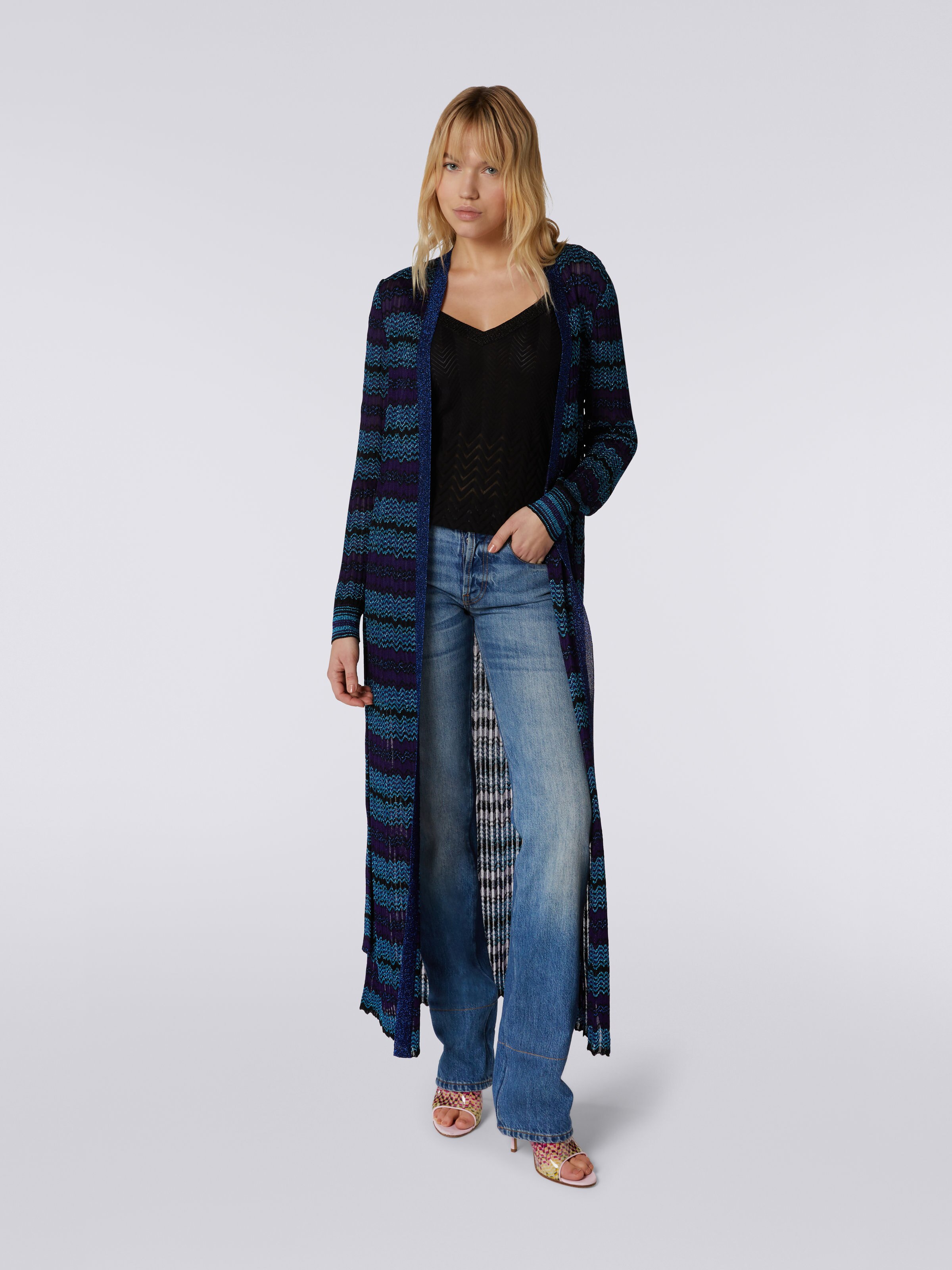 Long viscose blend knit cardigan with belt, Blue, Turquoise & Black - 1