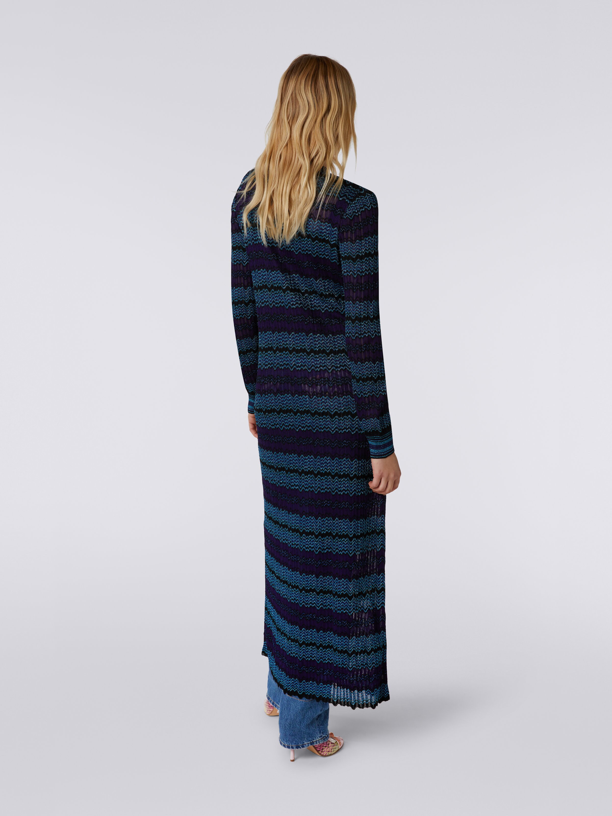Long viscose blend knit cardigan with belt, Blue, Turquoise & Black - 3