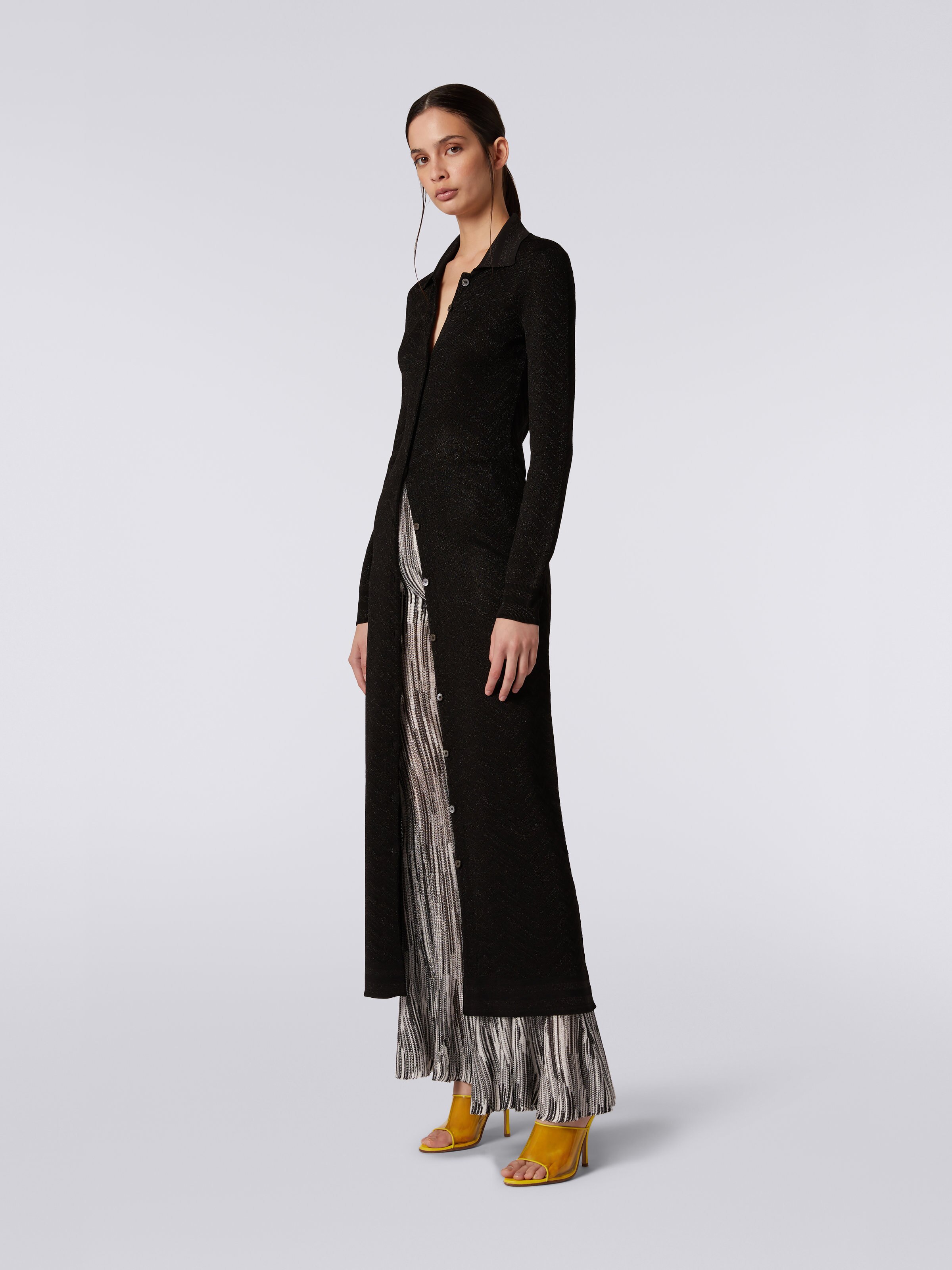 Long cardigan in viscose with tone-on-tone chevron and lamé, Black    - 2