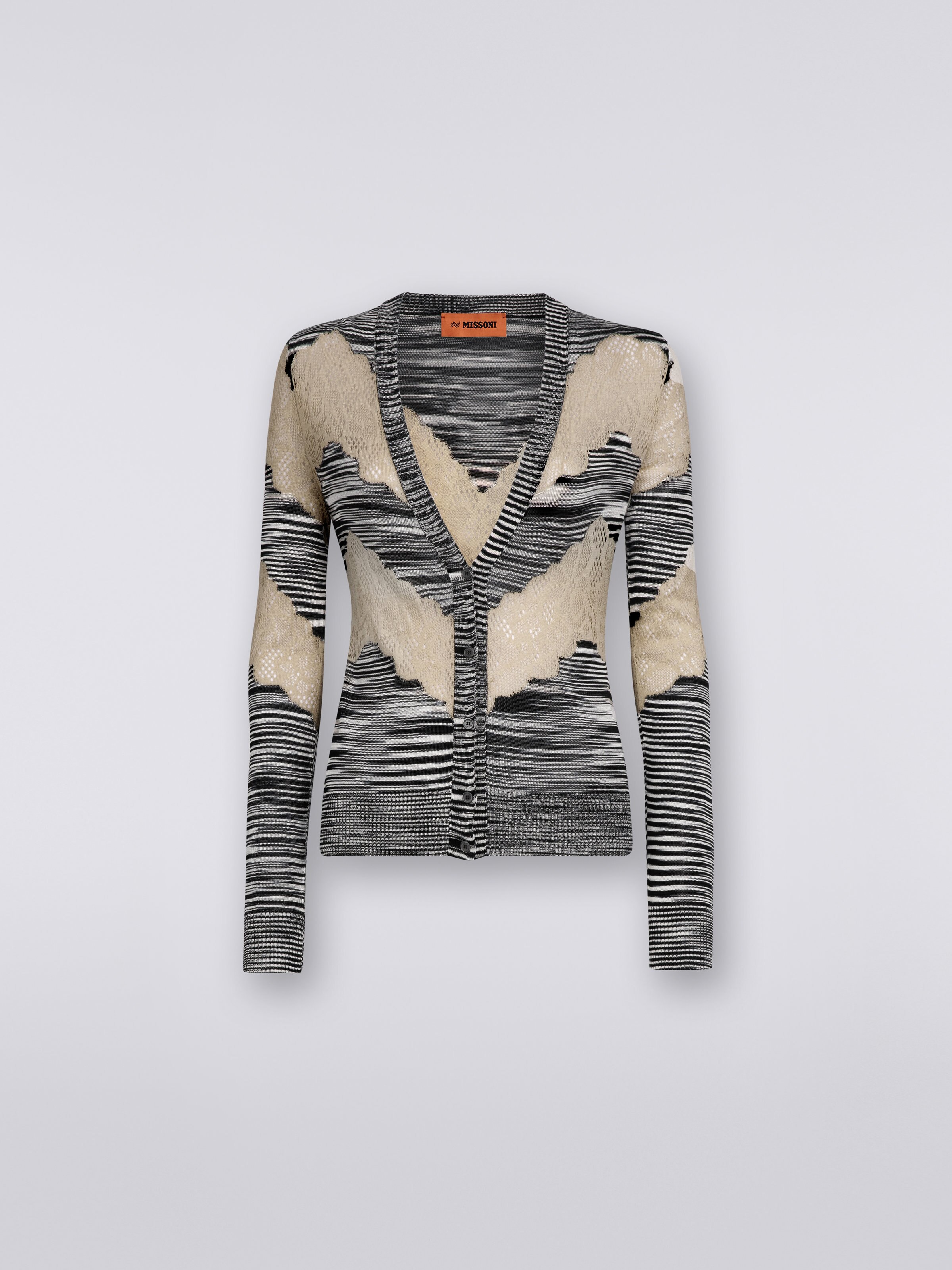 Cardigan aus Viskose und Baumwolle in Flammgarnoptik mit Spitzeneinsätzen, Weiß, Schwarz & Beige - 0