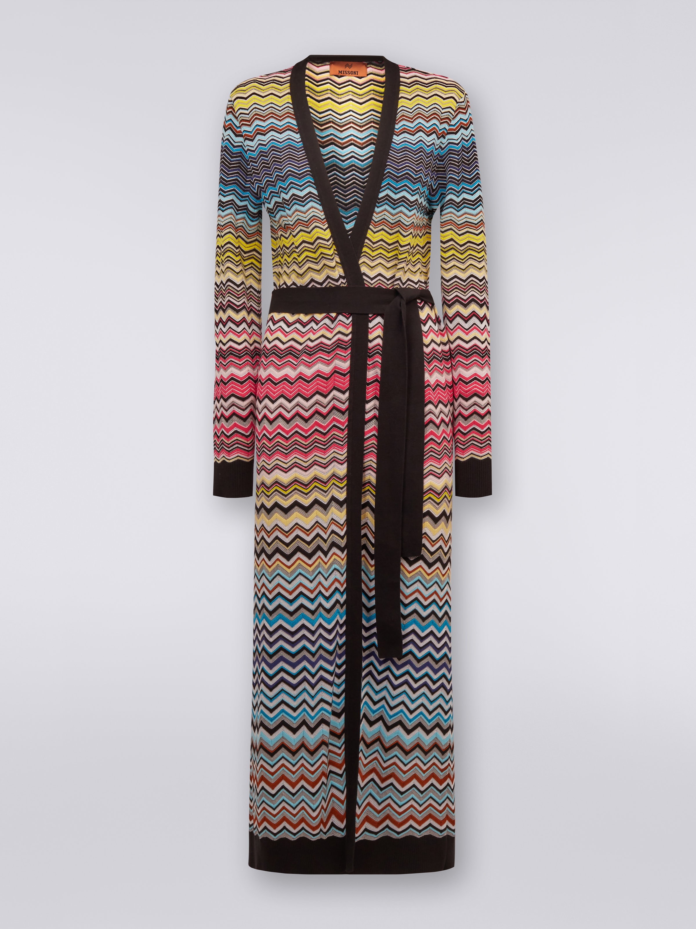 Long cotton and viscose chevron cardigan with belt, Multicoloured - 0