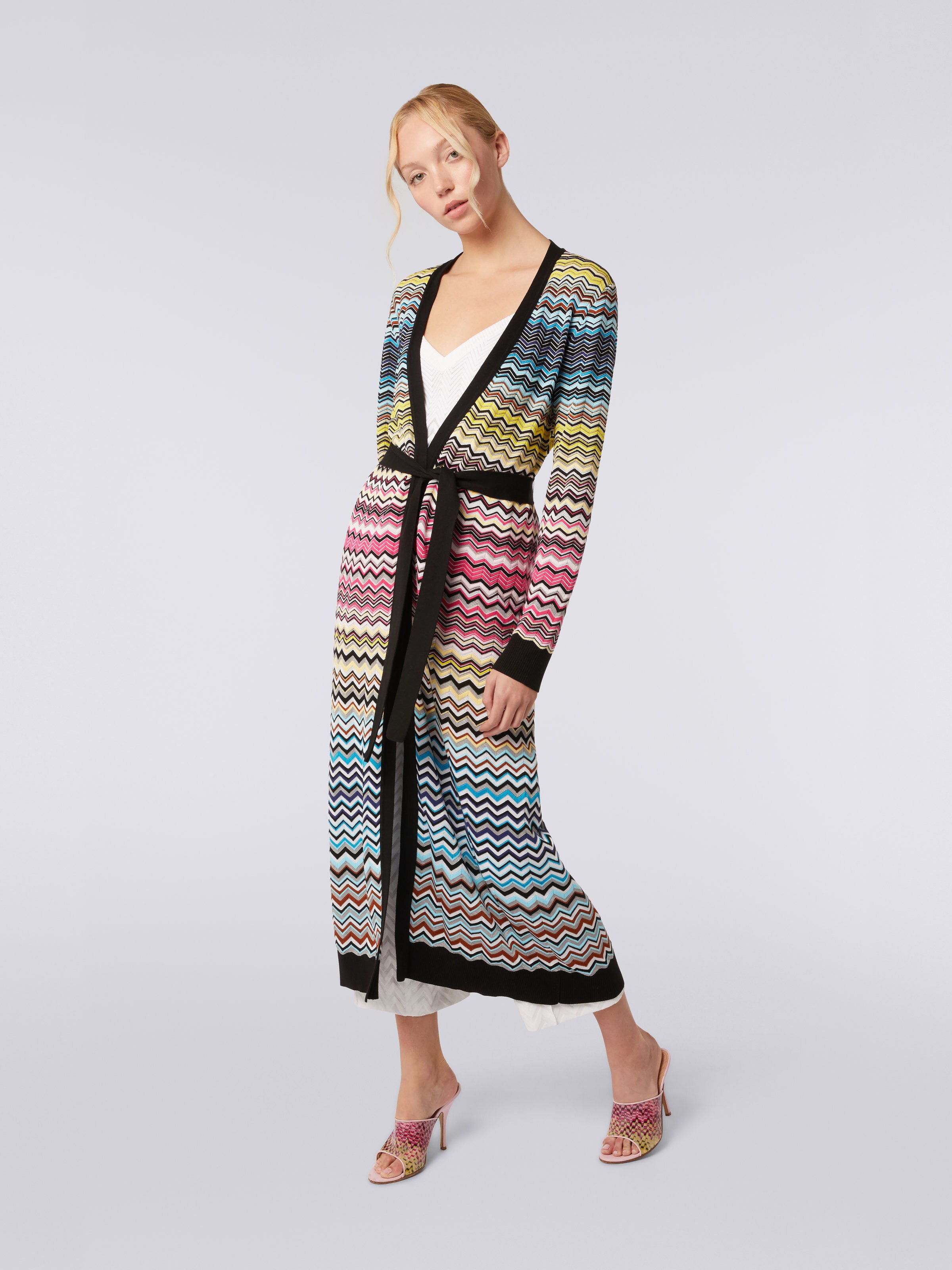 Cardigan long en coton et viscose à chevrons avec ceinture, Multicolore  - 2