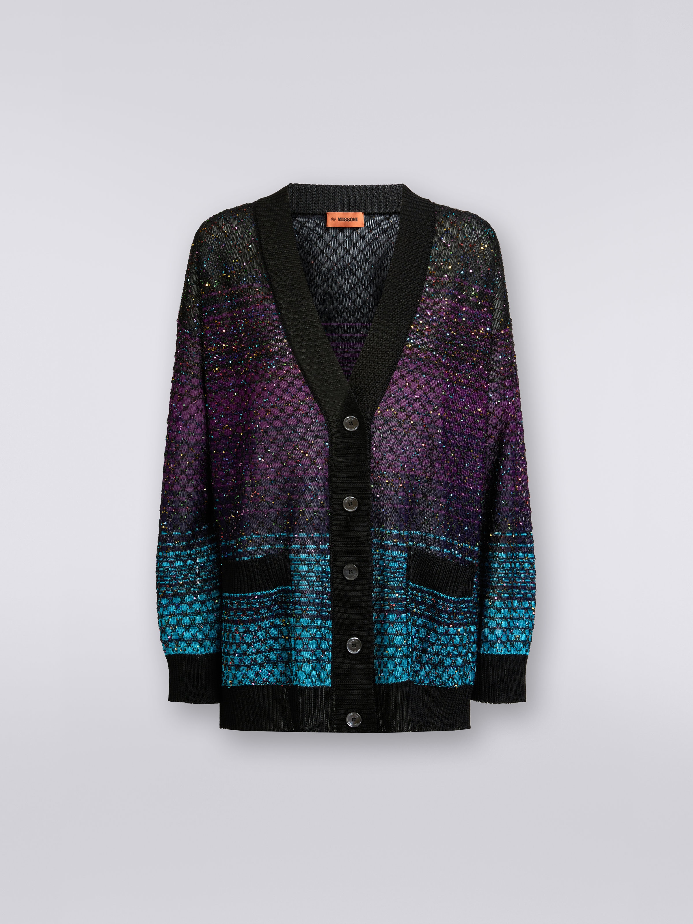 Oversized loose-knit cardigan with sequins, Turquoise, Purple & Black - 0