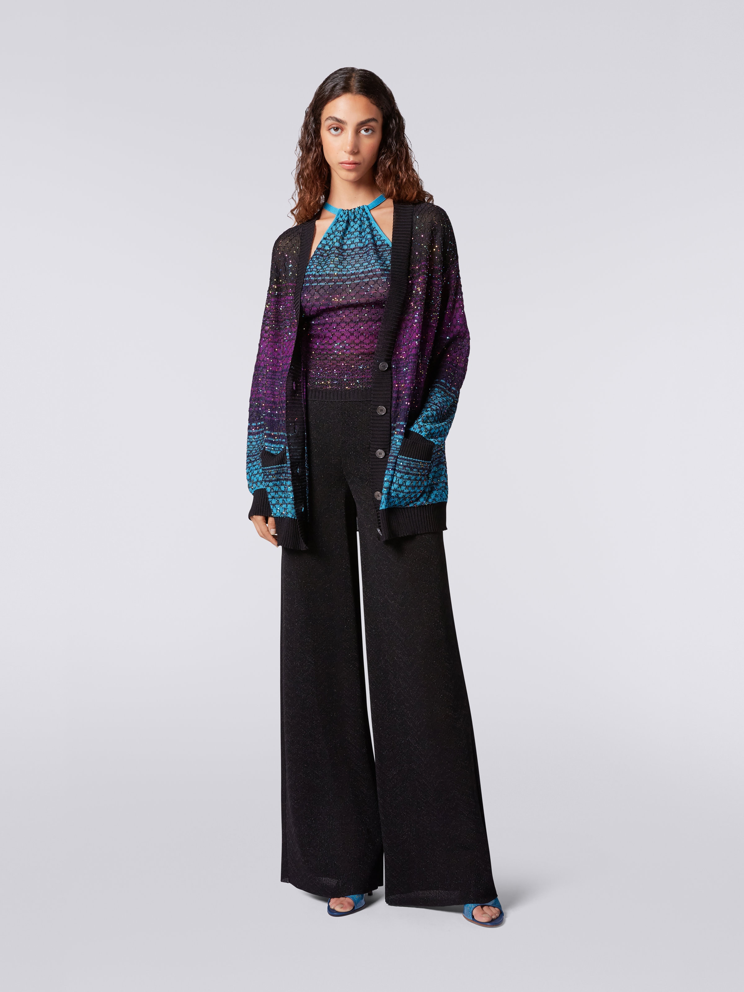 Oversized loose-knit cardigan with sequins, Turquoise, Purple & Black - 1