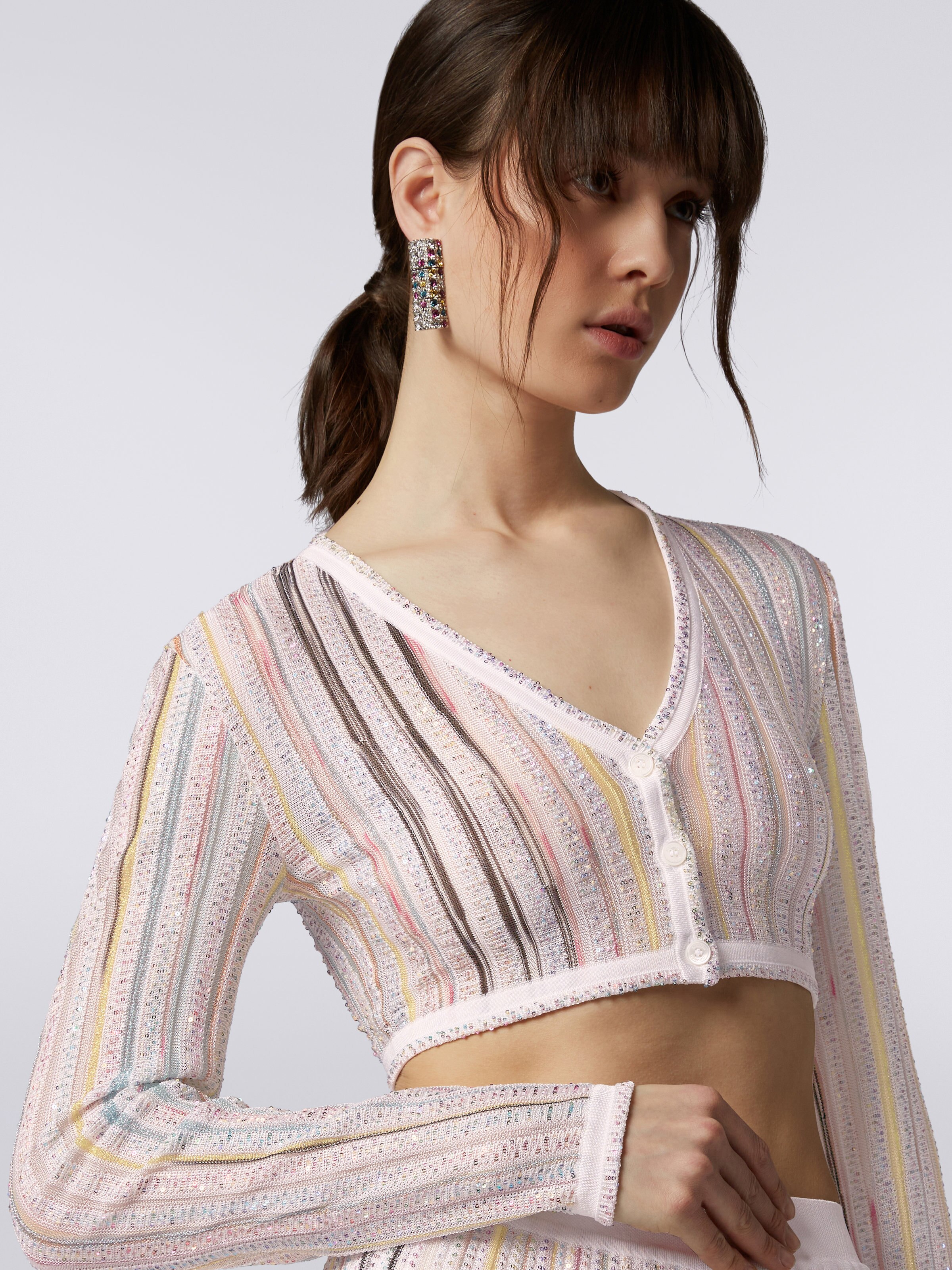 Ribbed knit crop cardigan with sequins, White & Multicoloured   - 3