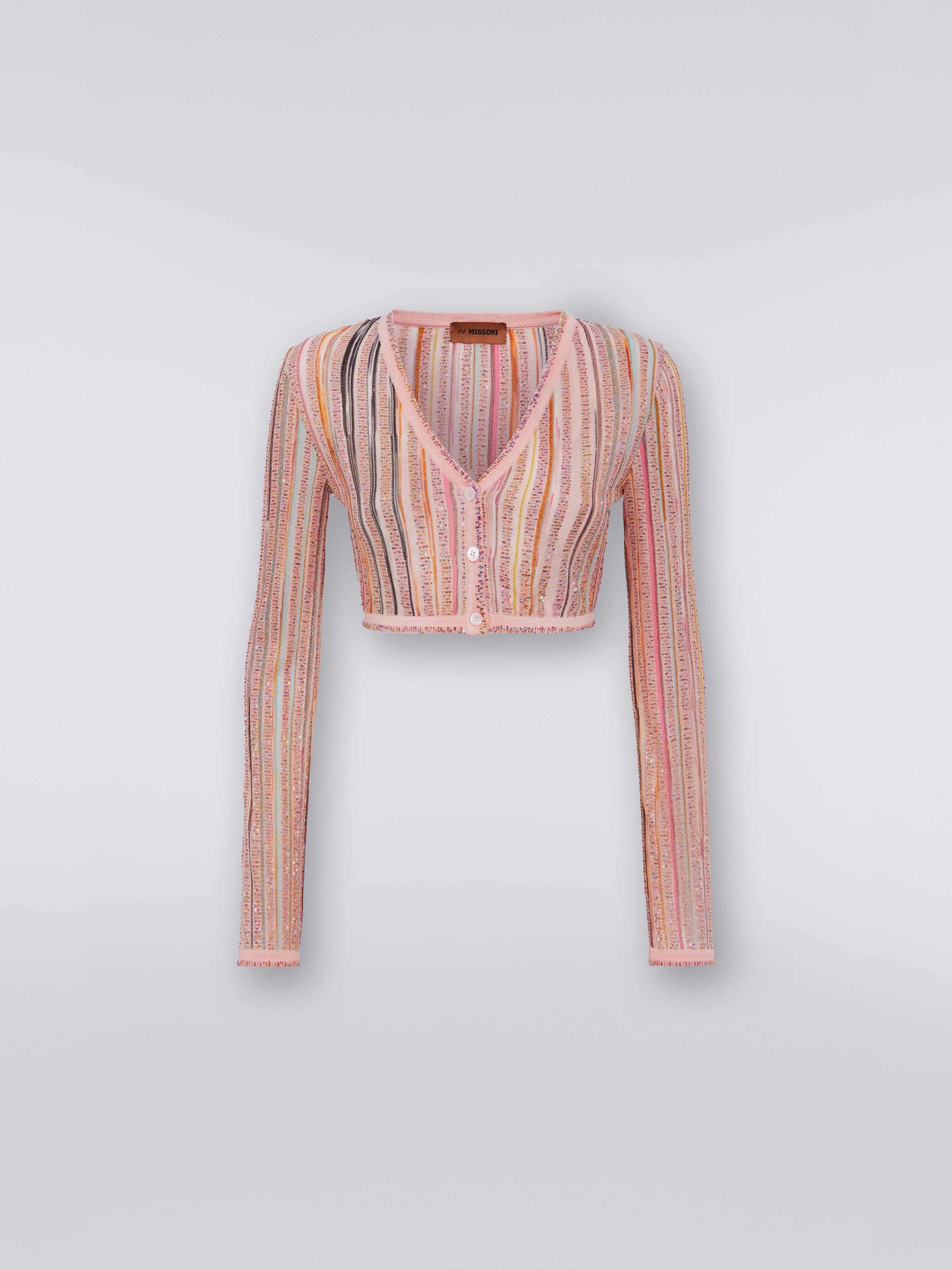 Ribbed knit crop cardigan with sequins, Pink & Multicoloured - 0