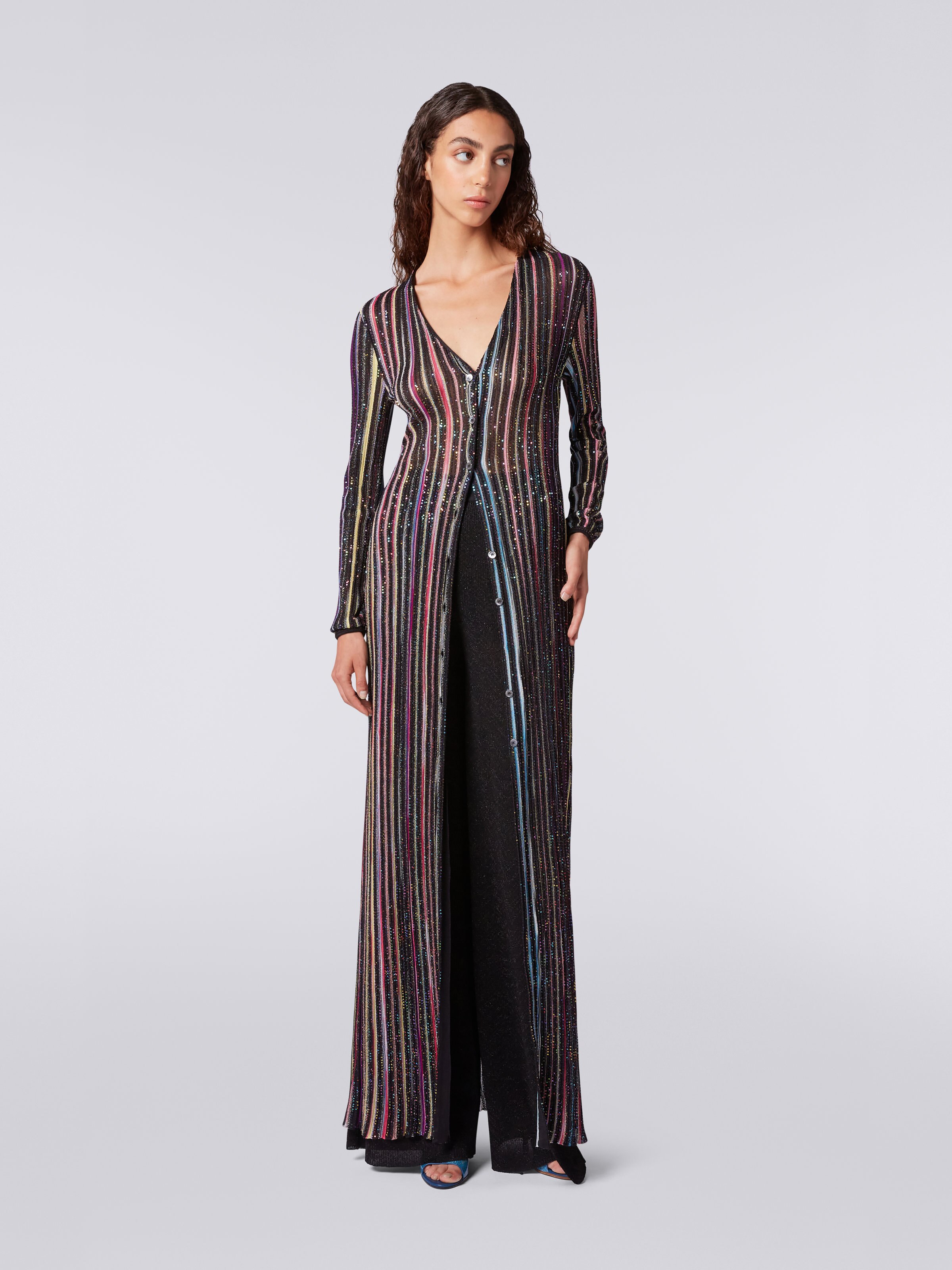 Pleated long cardigan with sequins, Black & Multicoloured - 1