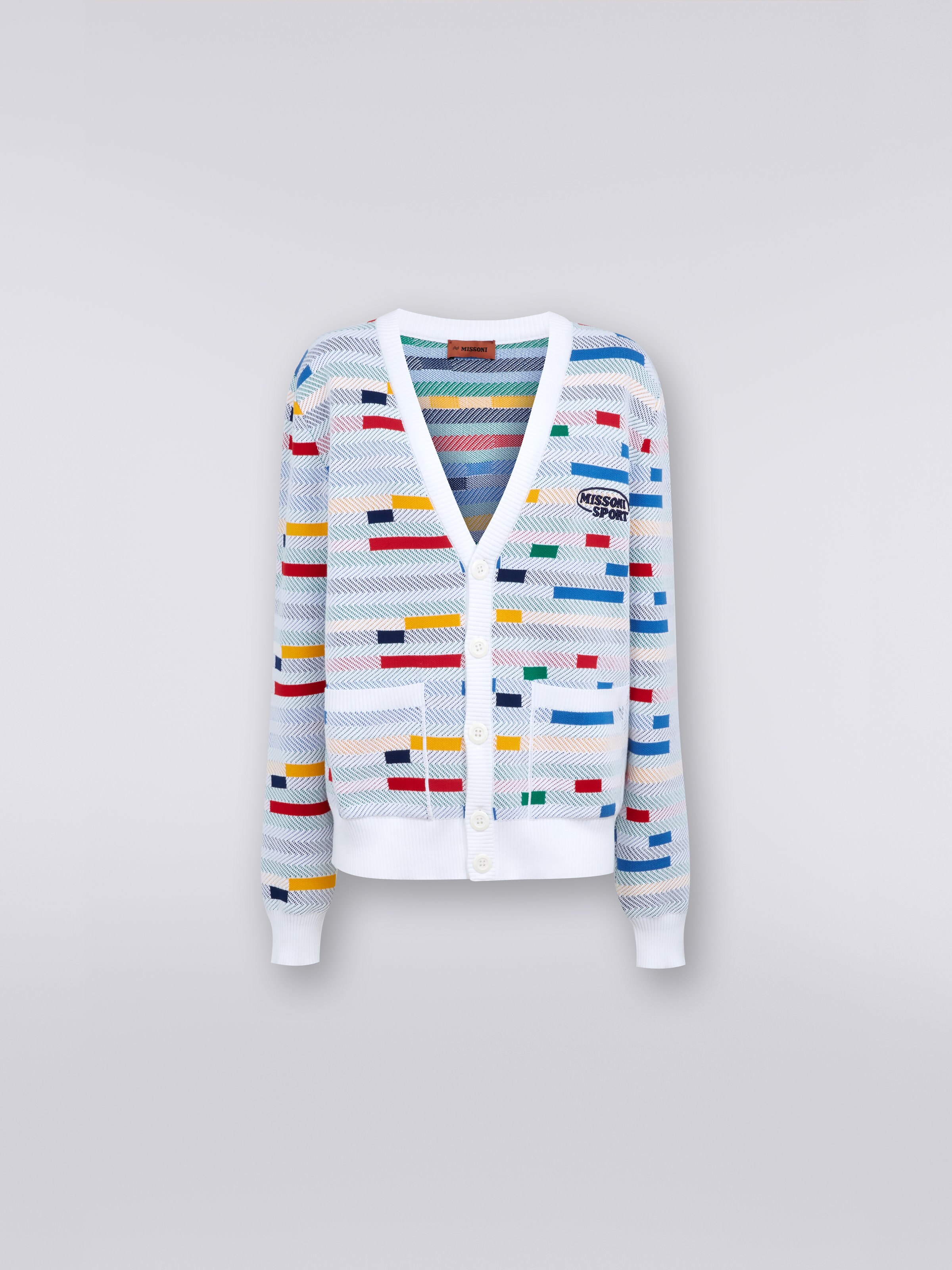 Cotton knit cardigan with logo, White & Multicoloured Heritage - 0
