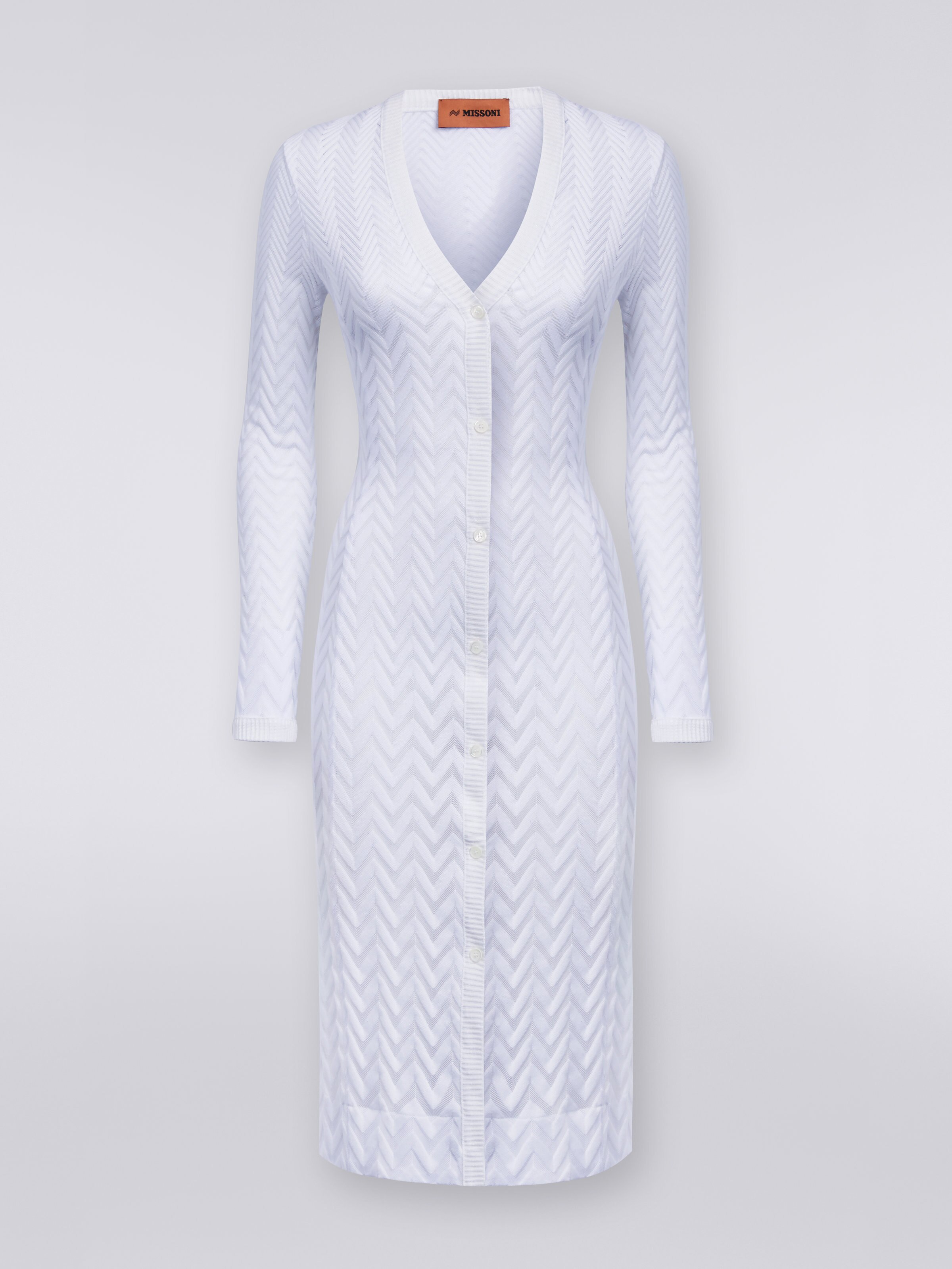 Long cardigan en coton et viscose avec chevrons ton sur ton, Blanc  - 0