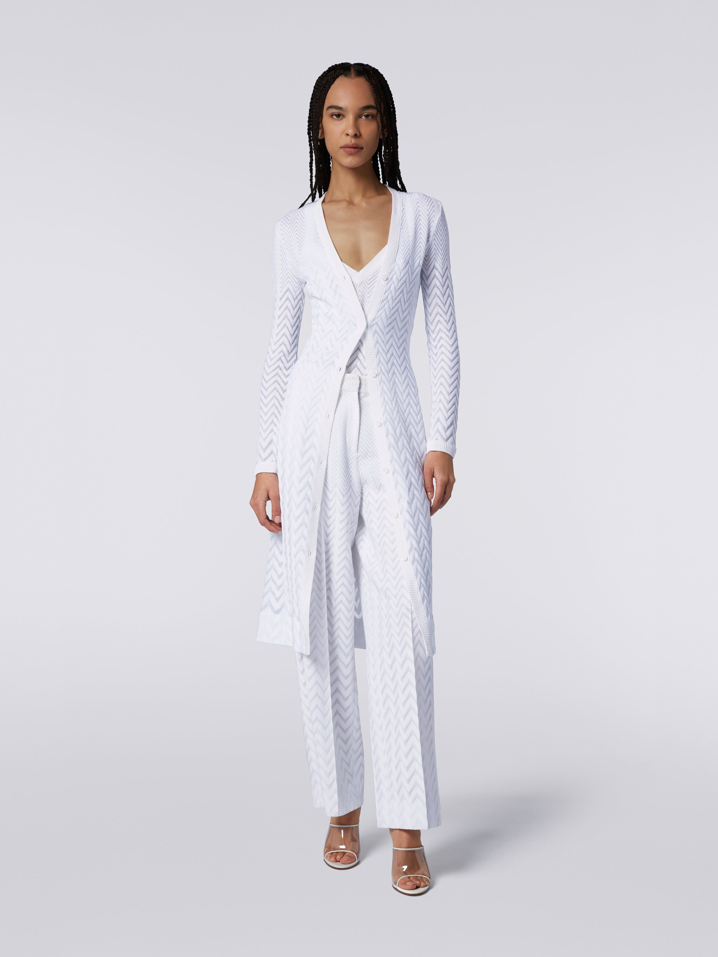 Long cardigan en coton et viscose avec chevrons ton sur ton, Blanc  - 1